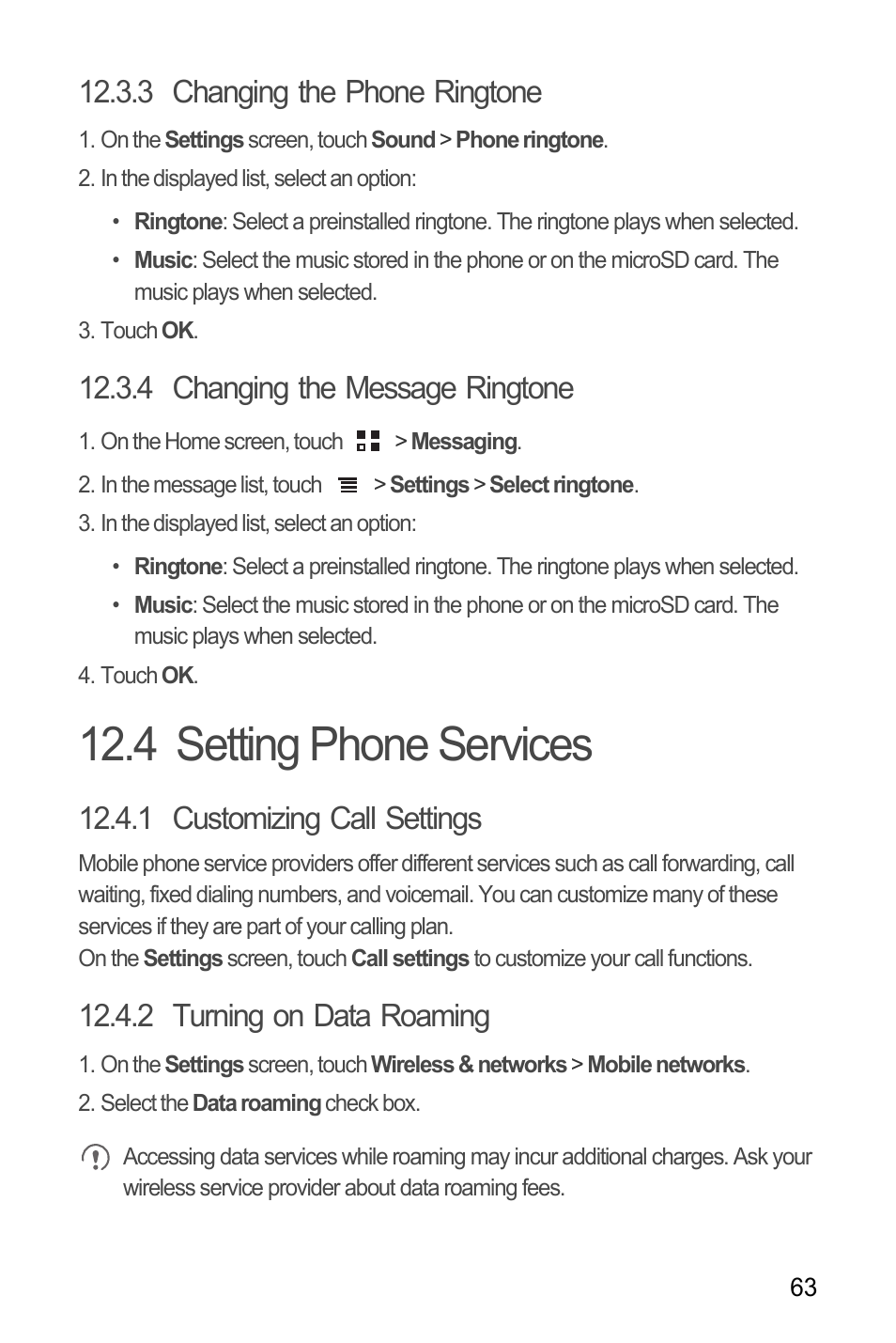 3 changing the phone ringtone, 4 changing the message ringtone, 4 setting phone services | 1 customizing call settings, 2 turning on data roaming | Huawei C8655 User Guide User Manual | Page 67 / 74