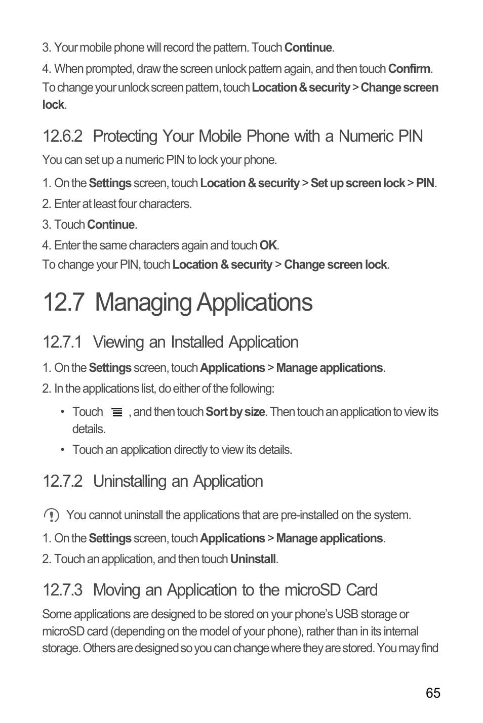 2 protecting your mobile phone with a numeric pin, 7 managing applications, 1 viewing an installed application | 2 uninstalling an application, 3 moving an application to the microsd card | Huawei C8655 User Guide User Manual | Page 69 / 74