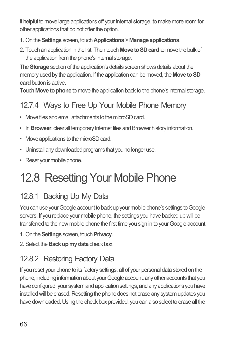 4 ways to free up your mobile phone memory, 8 resetting your mobile phone, 1 backing up my data | 2 restoring factory data | Huawei C8655 User Guide User Manual | Page 70 / 74