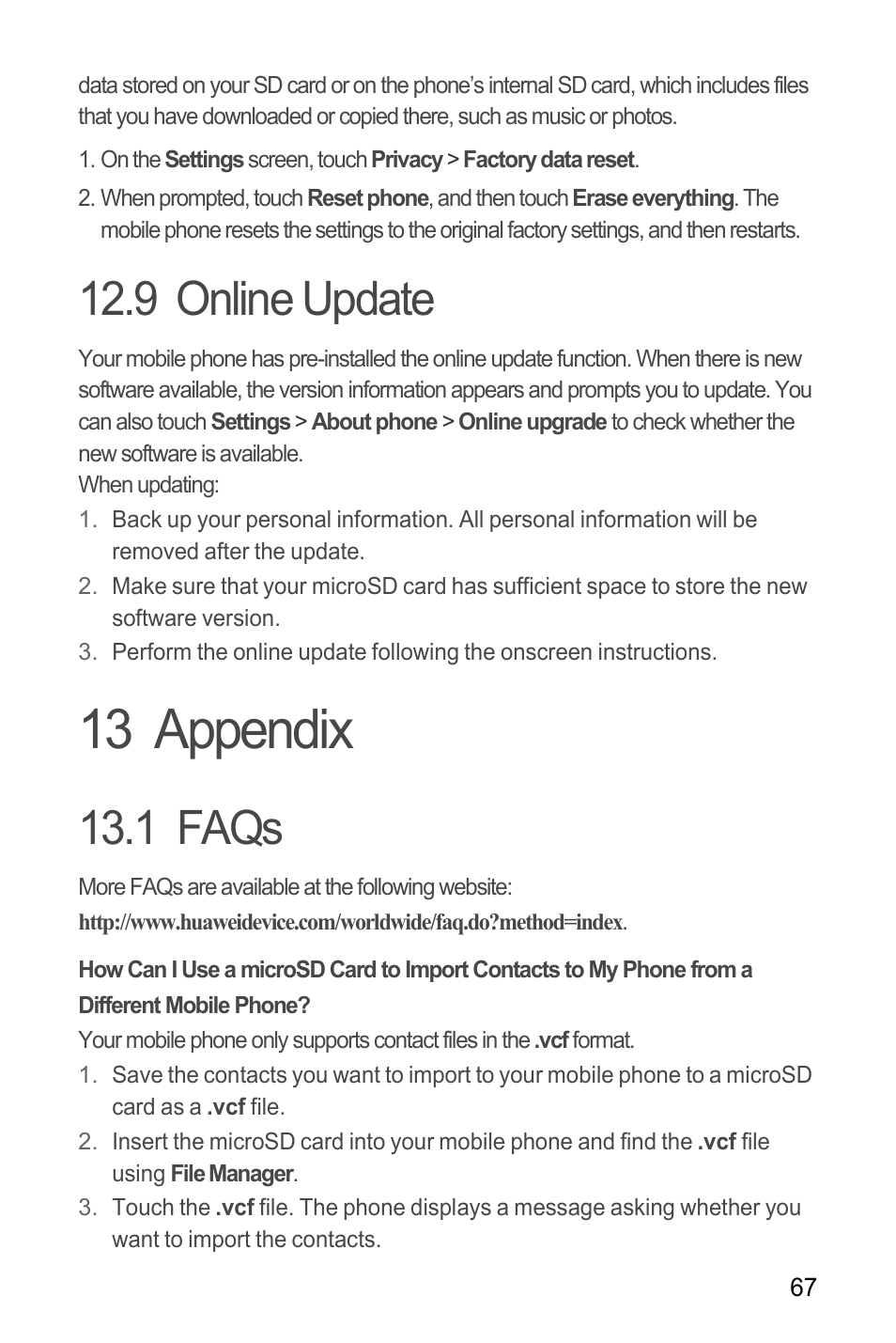 9 online update, 13 appendix, 1 faqs | Faqs | Huawei C8655 User Guide User Manual | Page 71 / 74