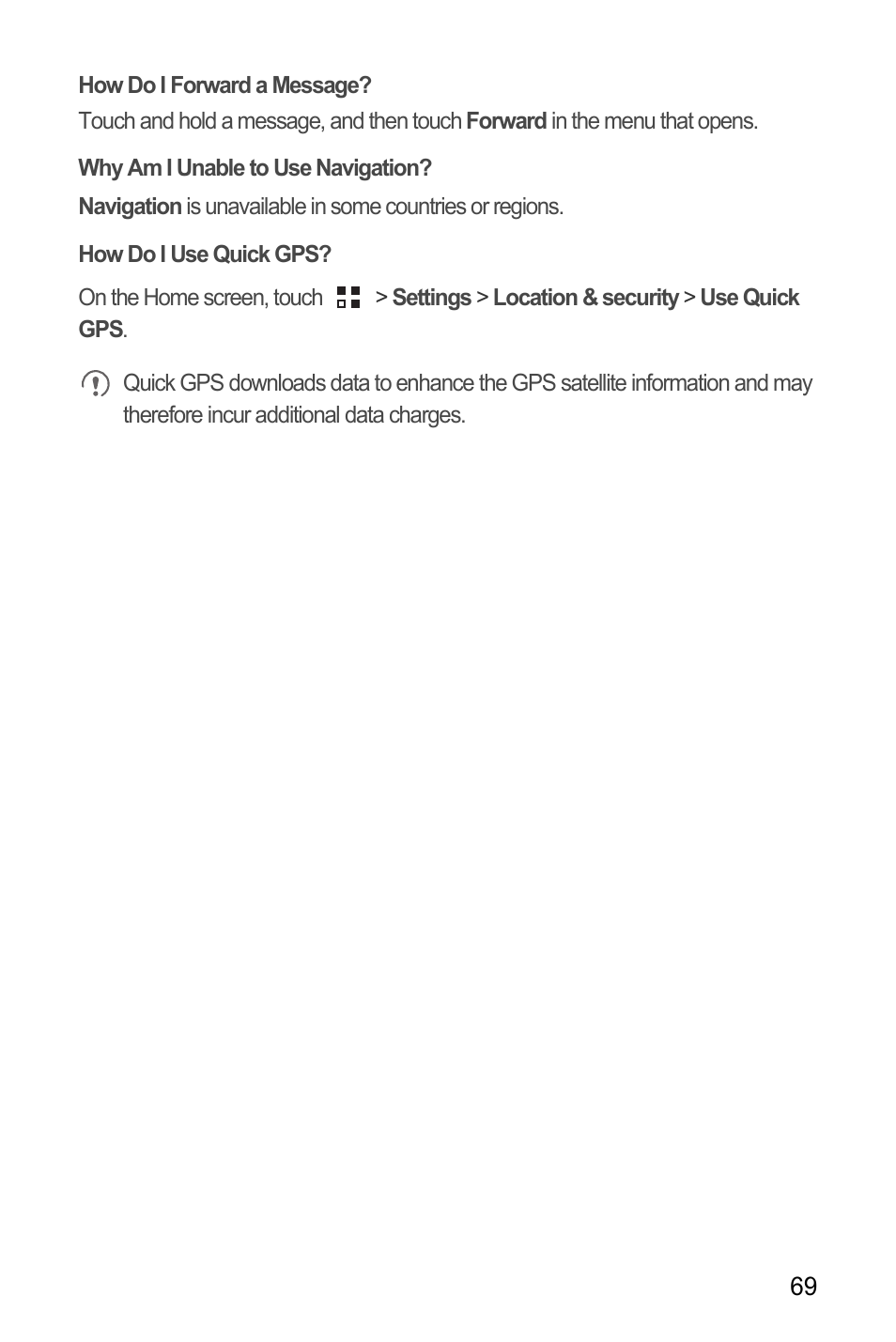 How do i forward a message, Why am i unable to use navigation, How do i use quick gps | Huawei C8655 User Guide User Manual | Page 73 / 74