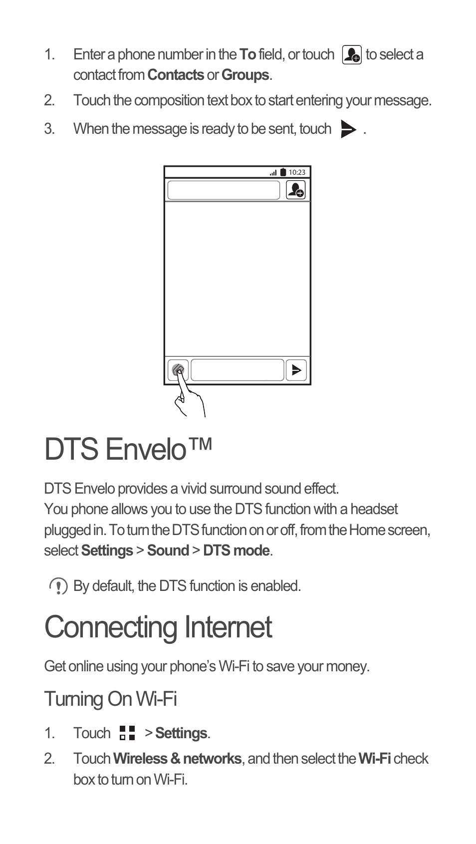 Dts envelo, Connecting internet, Turning on wi-fi | Huawei C8655 Quick Start User Manual | Page 10 / 28