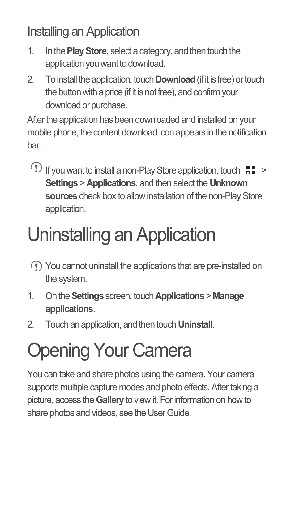 Installing an application, Uninstalling an application, Opening your camera | Huawei C8655 Quick Start User Manual | Page 12 / 28