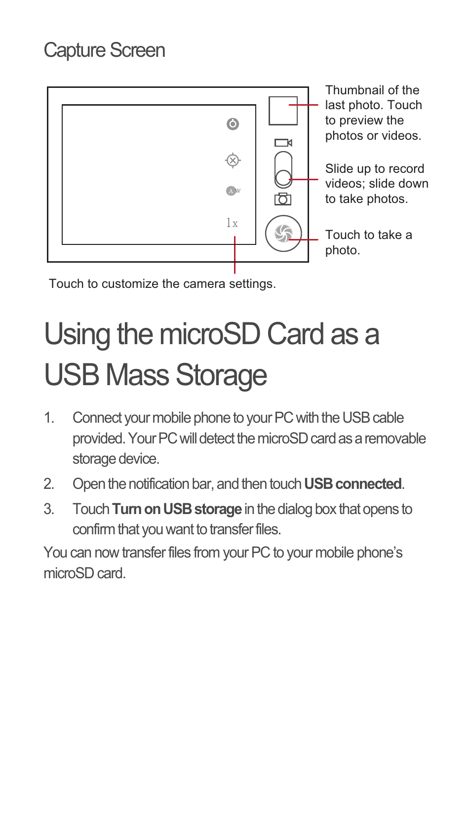 Capture screen, Using the microsd card as a usb mass storage | Huawei C8655 Quick Start User Manual | Page 13 / 28