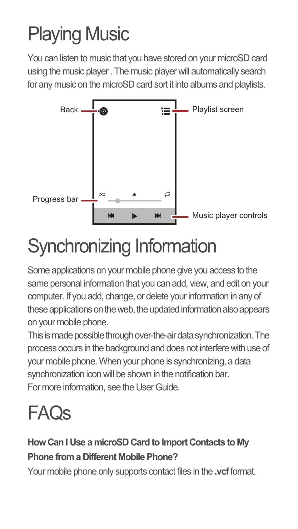 Playing music, Synchronizing information, Faqs | Huawei C8655 Quick Start User Manual | Page 14 / 28