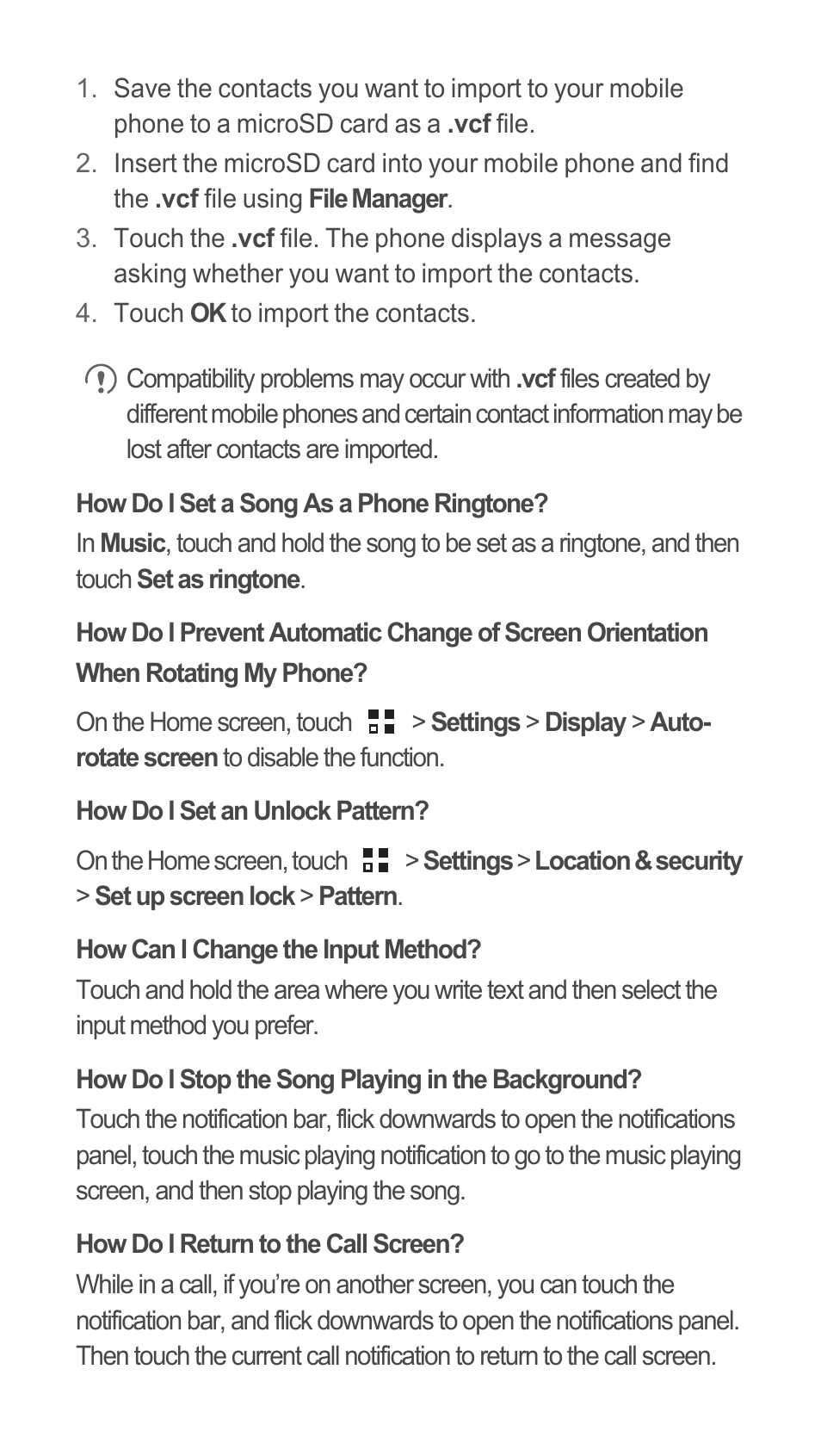 How do i set a song as a phone ringtone, How do i set an unlock pattern, How can i change the input method | How do i stop the song playing in the background, How do i return to the call screen | Huawei C8655 Quick Start User Manual | Page 15 / 28