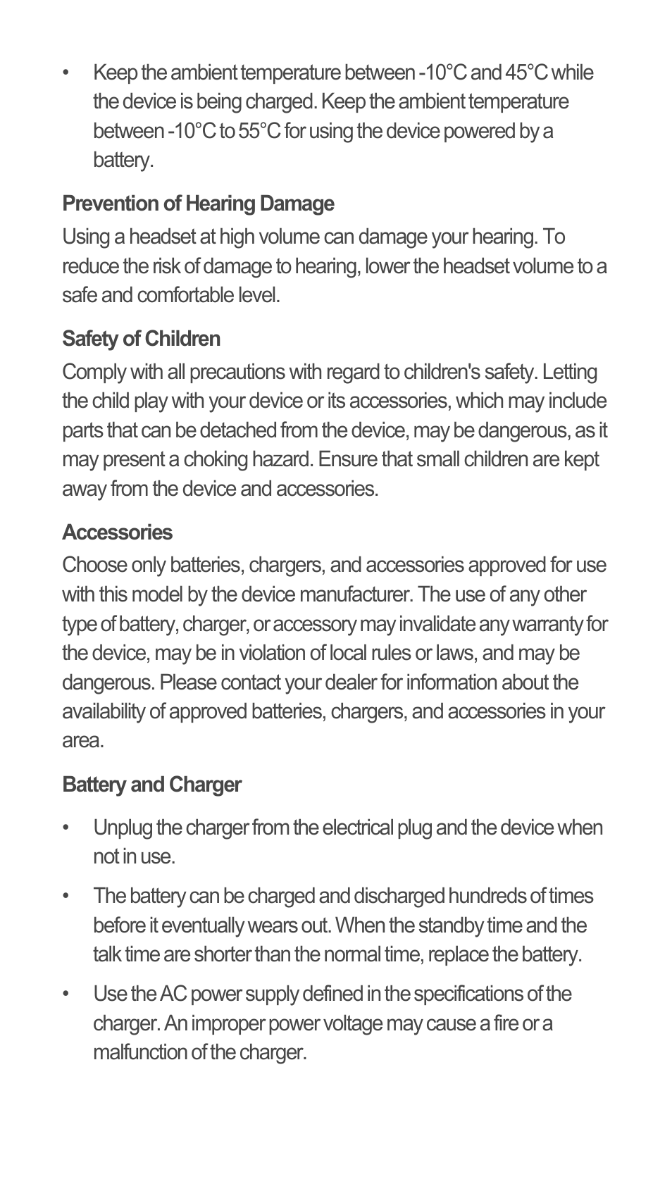 Prevention of hearing damage, Safety of children, Accessories | Battery and charger | Huawei C8655 Quick Start User Manual | Page 19 / 28