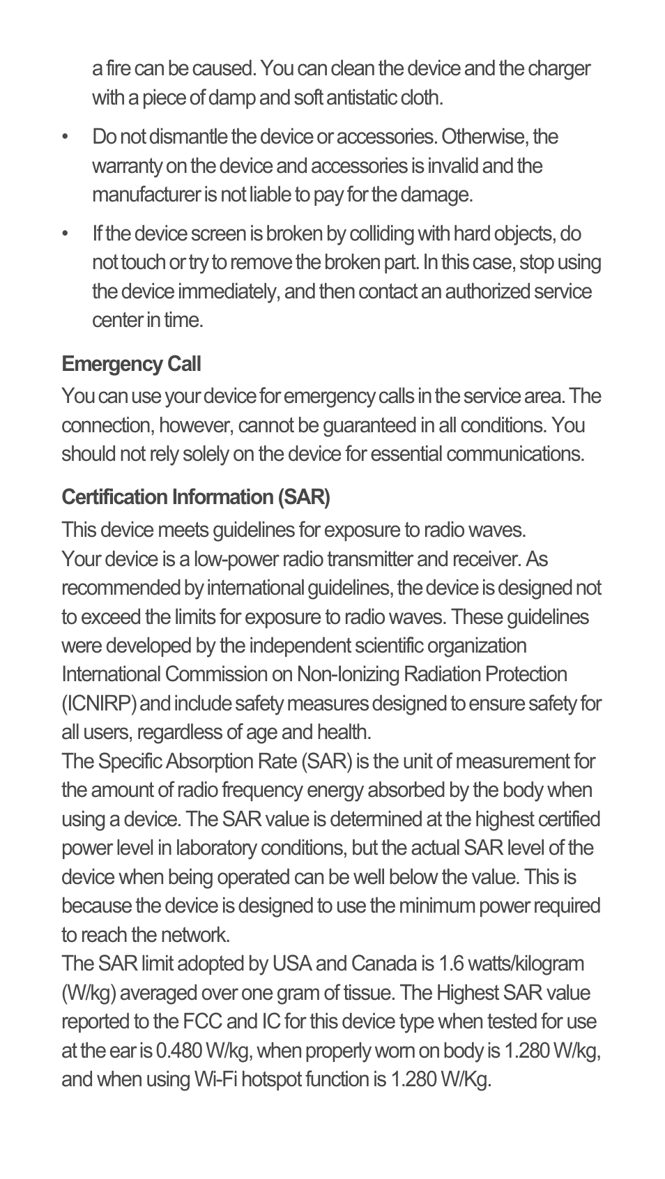 Emergency call, Certification information (sar) | Huawei C8655 Quick Start User Manual | Page 22 / 28