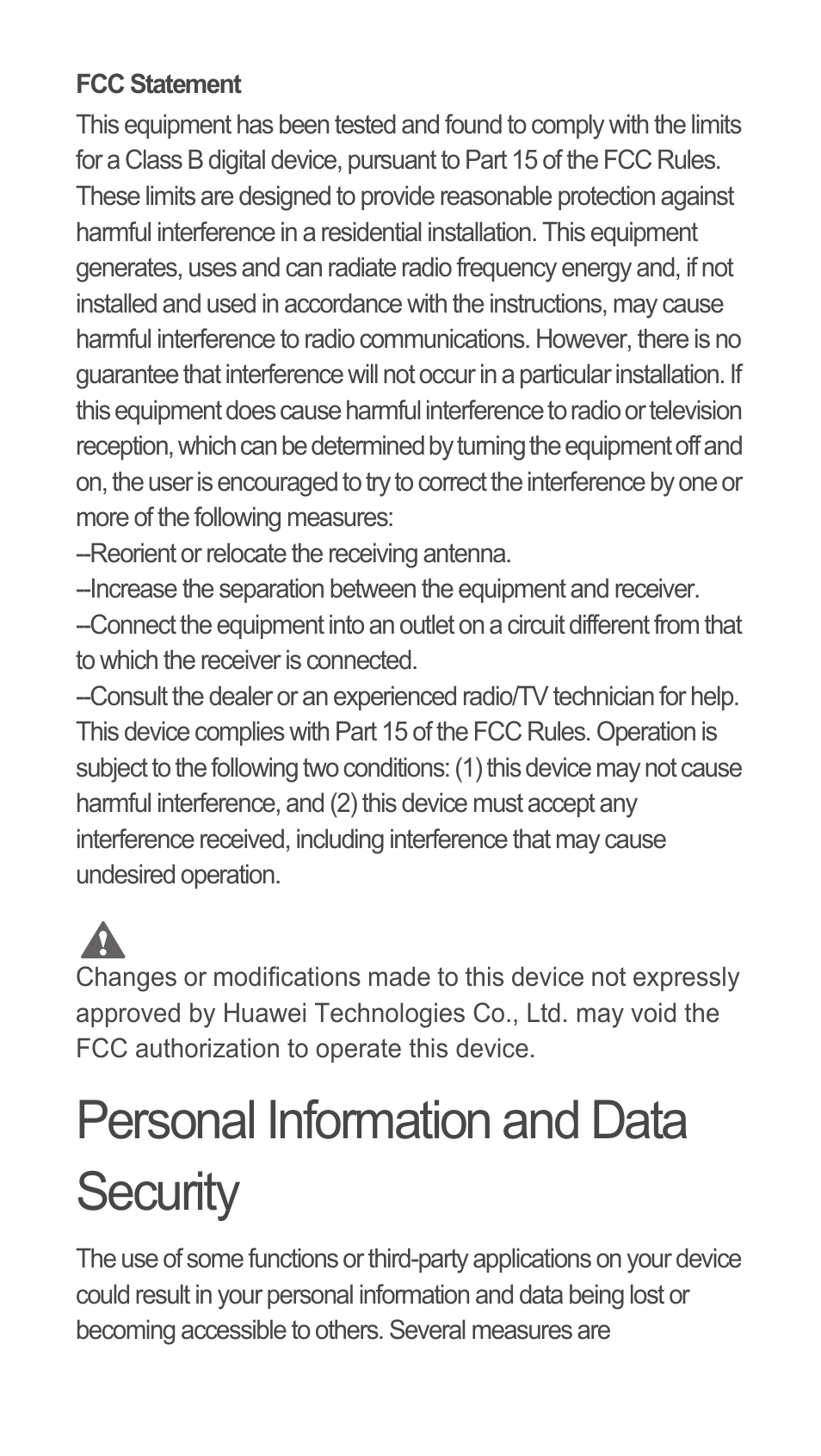 Fcc statement, Personal information and data security | Huawei C8655 Quick Start User Manual | Page 23 / 28