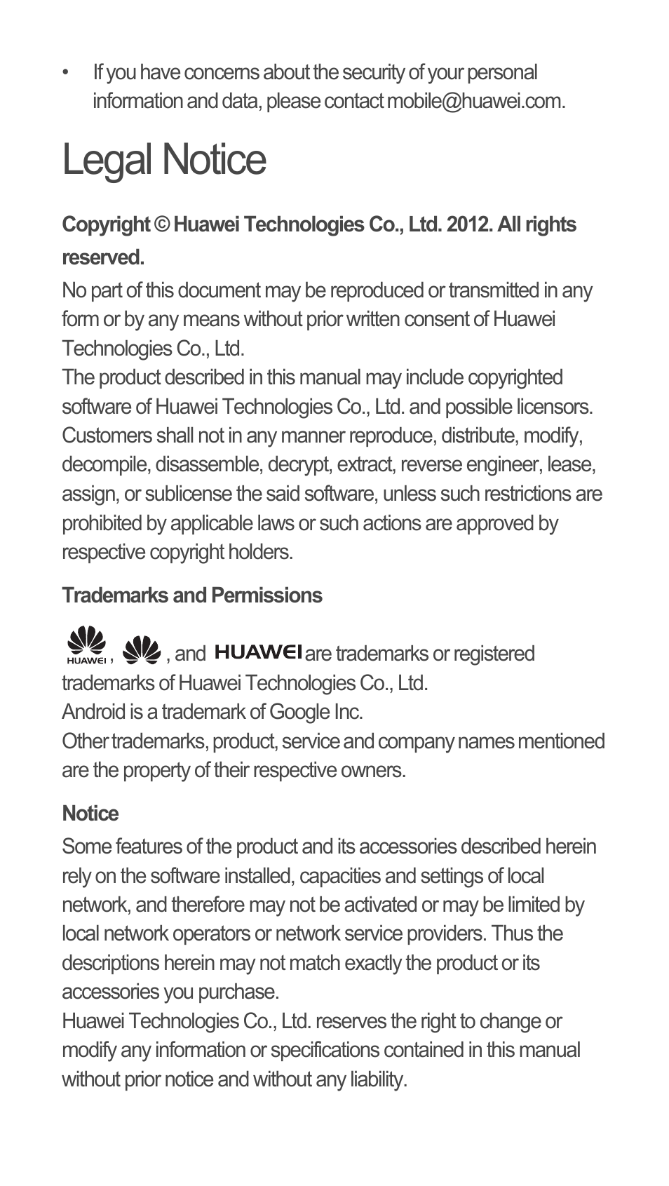 Legal notice, Trademarks and permissions, Notice | Huawei C8655 Quick Start User Manual | Page 25 / 28