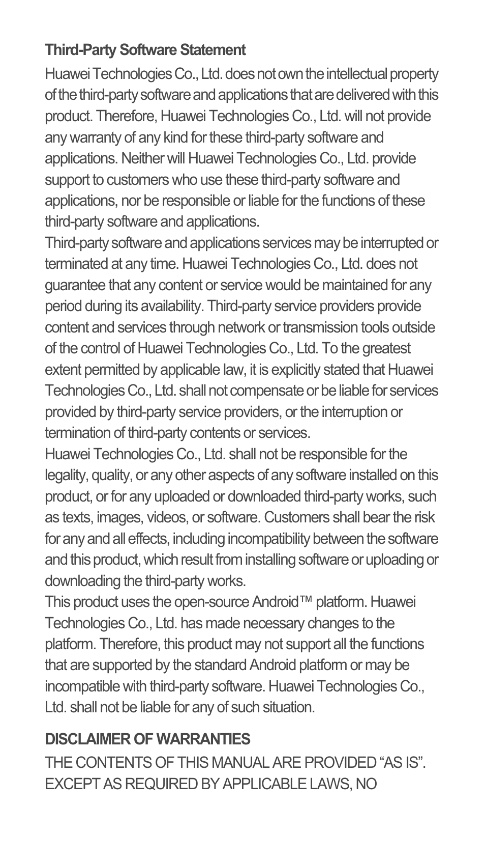 Third-party software statement, Disclaimer of warranties | Huawei C8655 Quick Start User Manual | Page 26 / 28