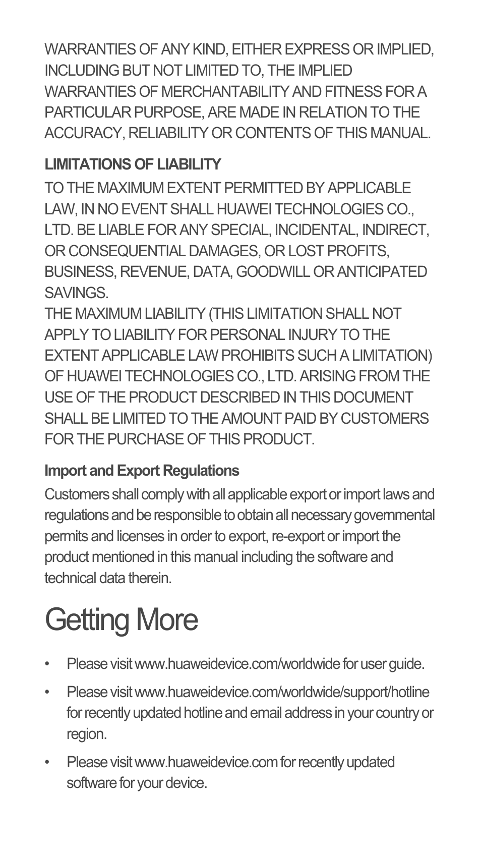 Limitations of liability, Import and export regulations, Getting more | Huawei C8655 Quick Start User Manual | Page 27 / 28