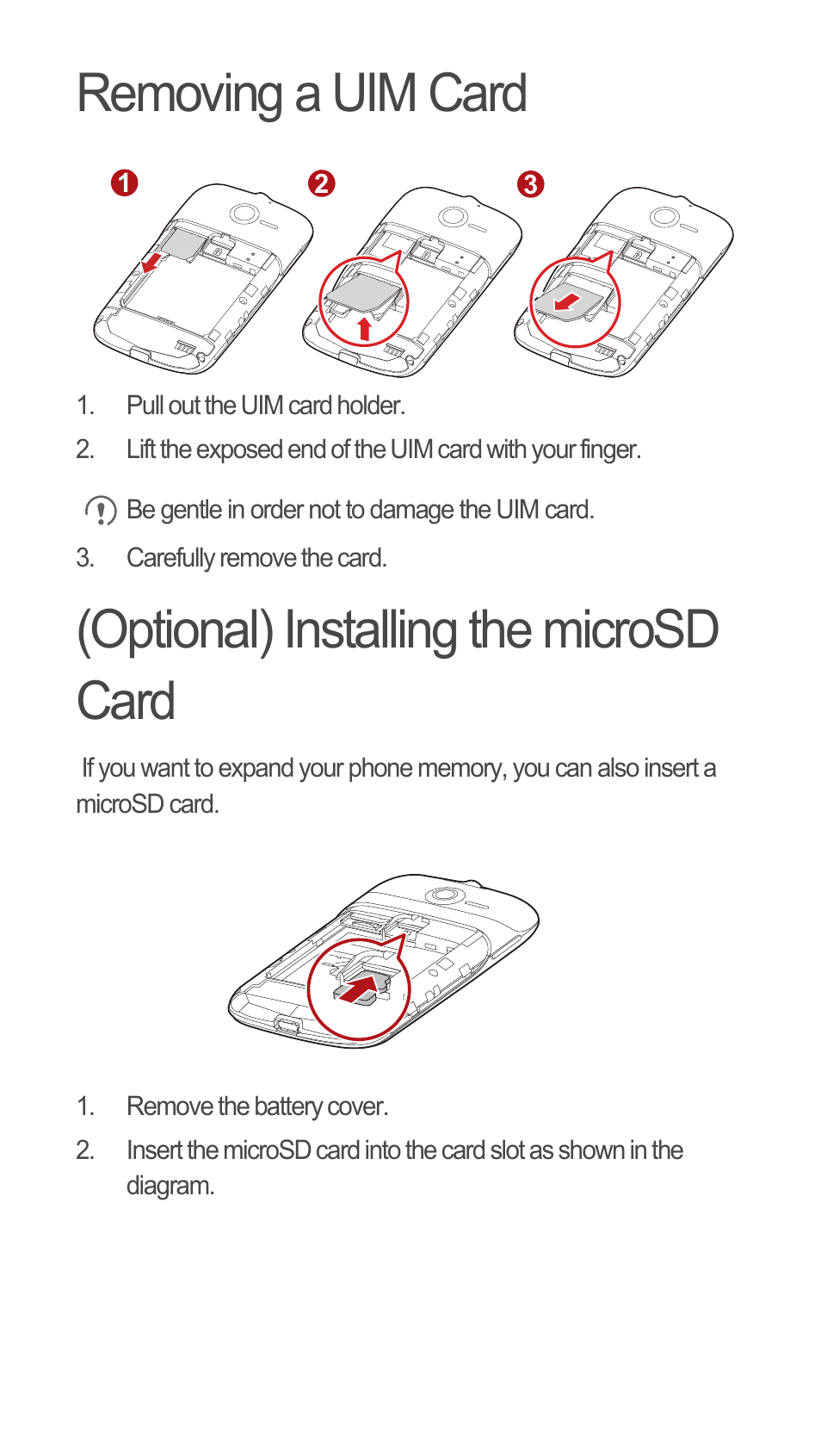 Removing a uim card, Optional) installing the microsd card | Huawei C8655 Quick Start User Manual | Page 4 / 28