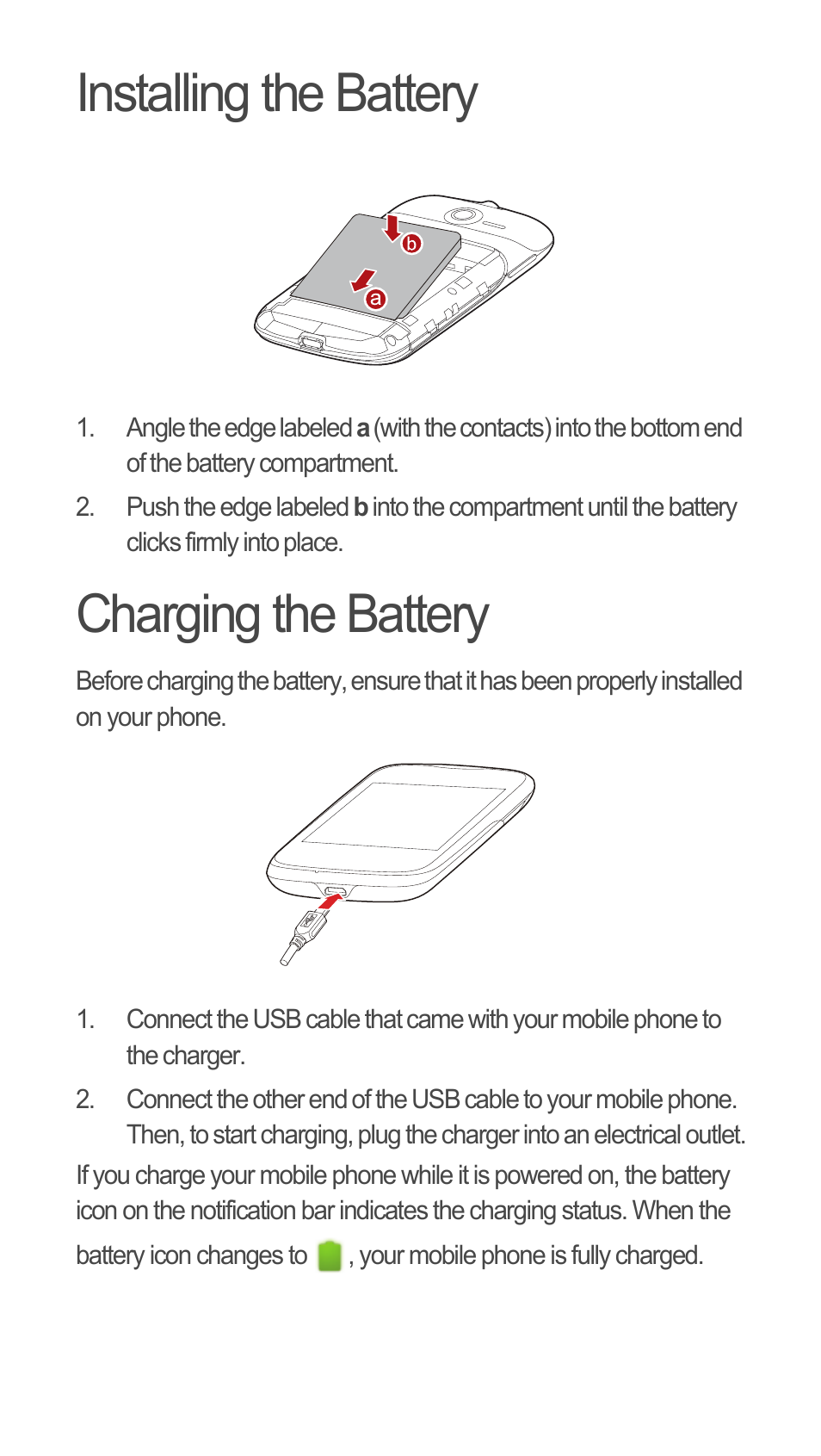 Installing the battery, Charging the battery | Huawei C8655 Quick Start User Manual | Page 5 / 28