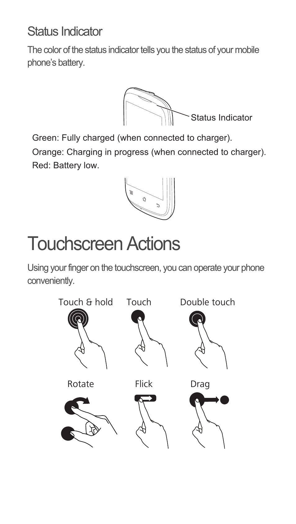 Status indicator, Touchscreen actions | Huawei C8655 Quick Start User Manual | Page 6 / 28