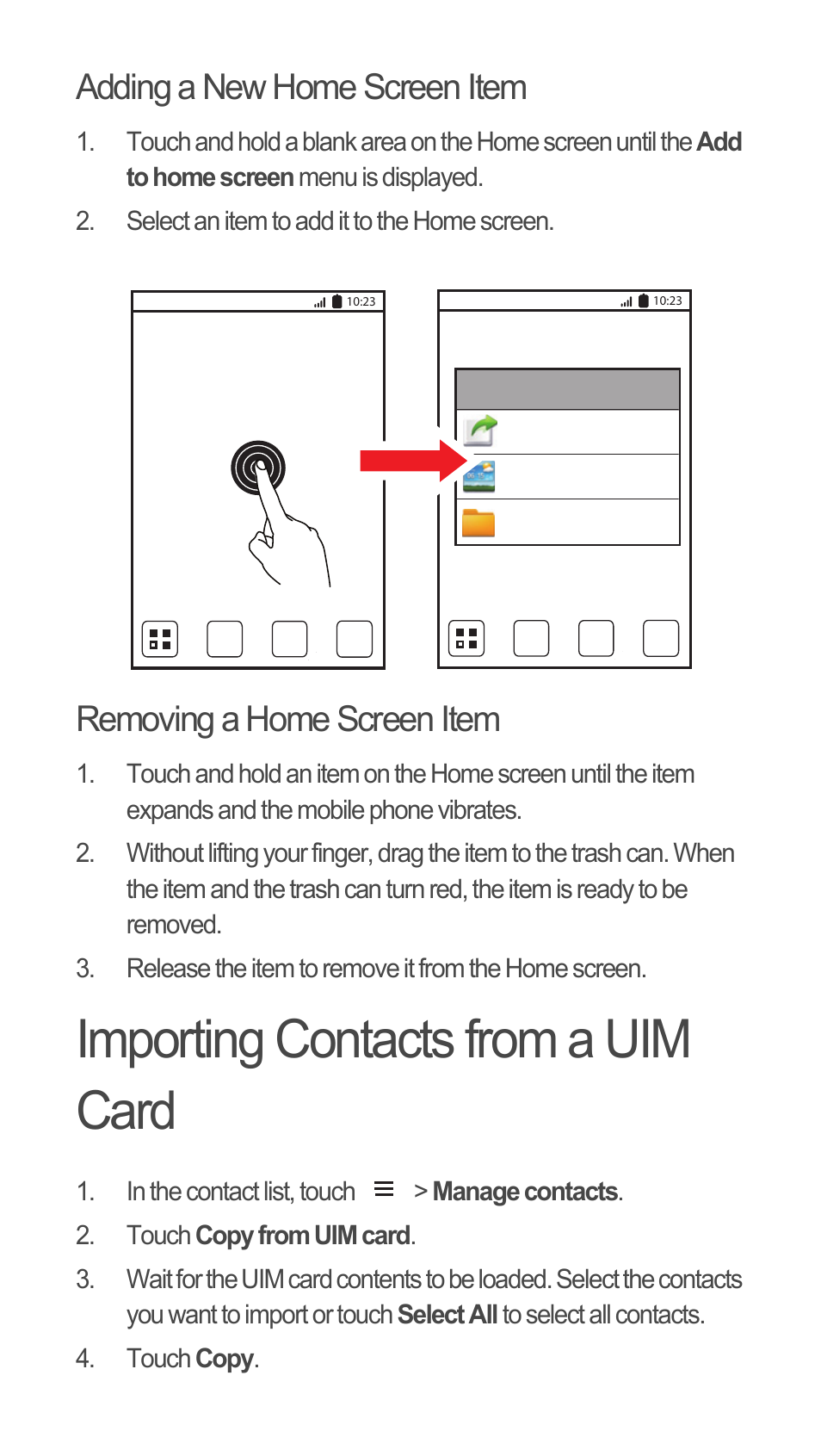 Adding a new home screen item, Removing a home screen item, Importing contacts from a uim card | Huawei C8655 Quick Start User Manual | Page 8 / 28