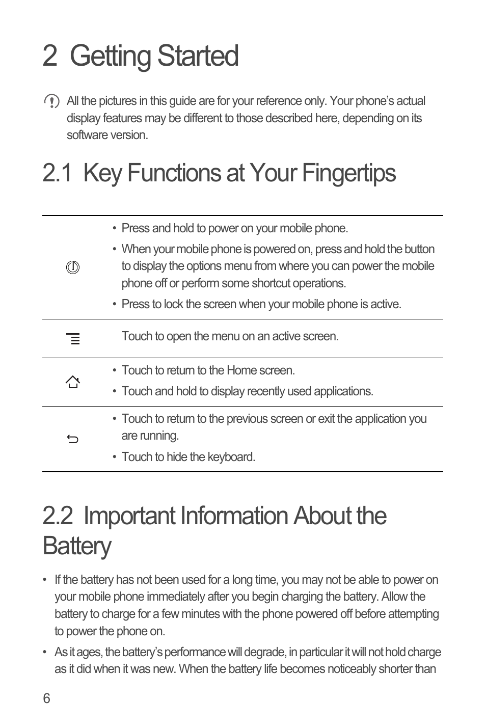 2 getting started, 1 key functions at your fingertips, 2 important information about the battery | Huawei U8815N User Guide User Manual | Page 10 / 70