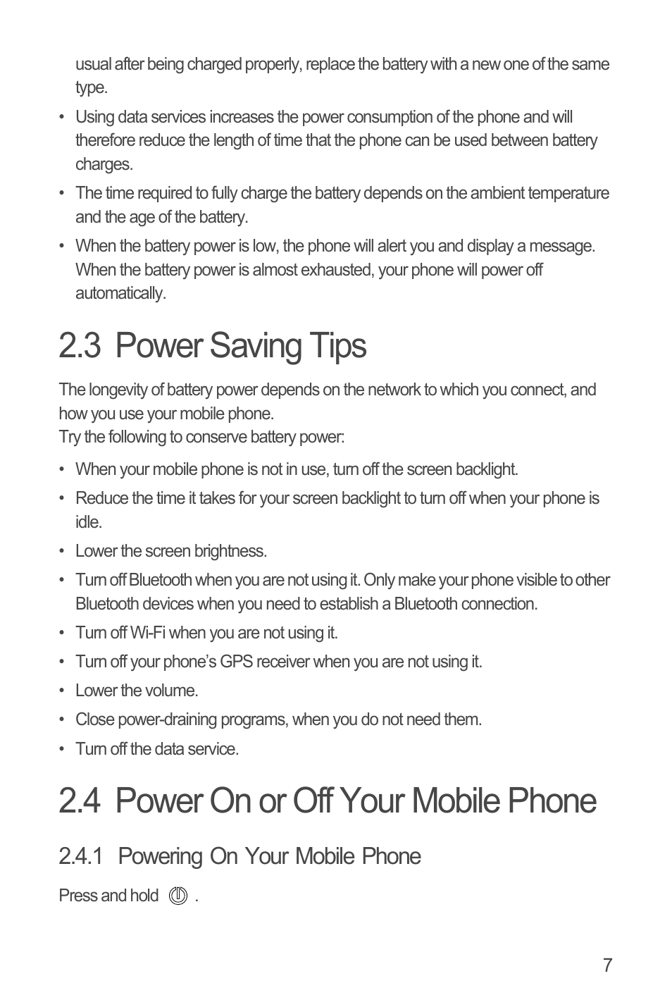 3 power saving tips, 4 power on or off your mobile phone, 1 powering on your mobile phone | Huawei U8815N User Guide User Manual | Page 11 / 70