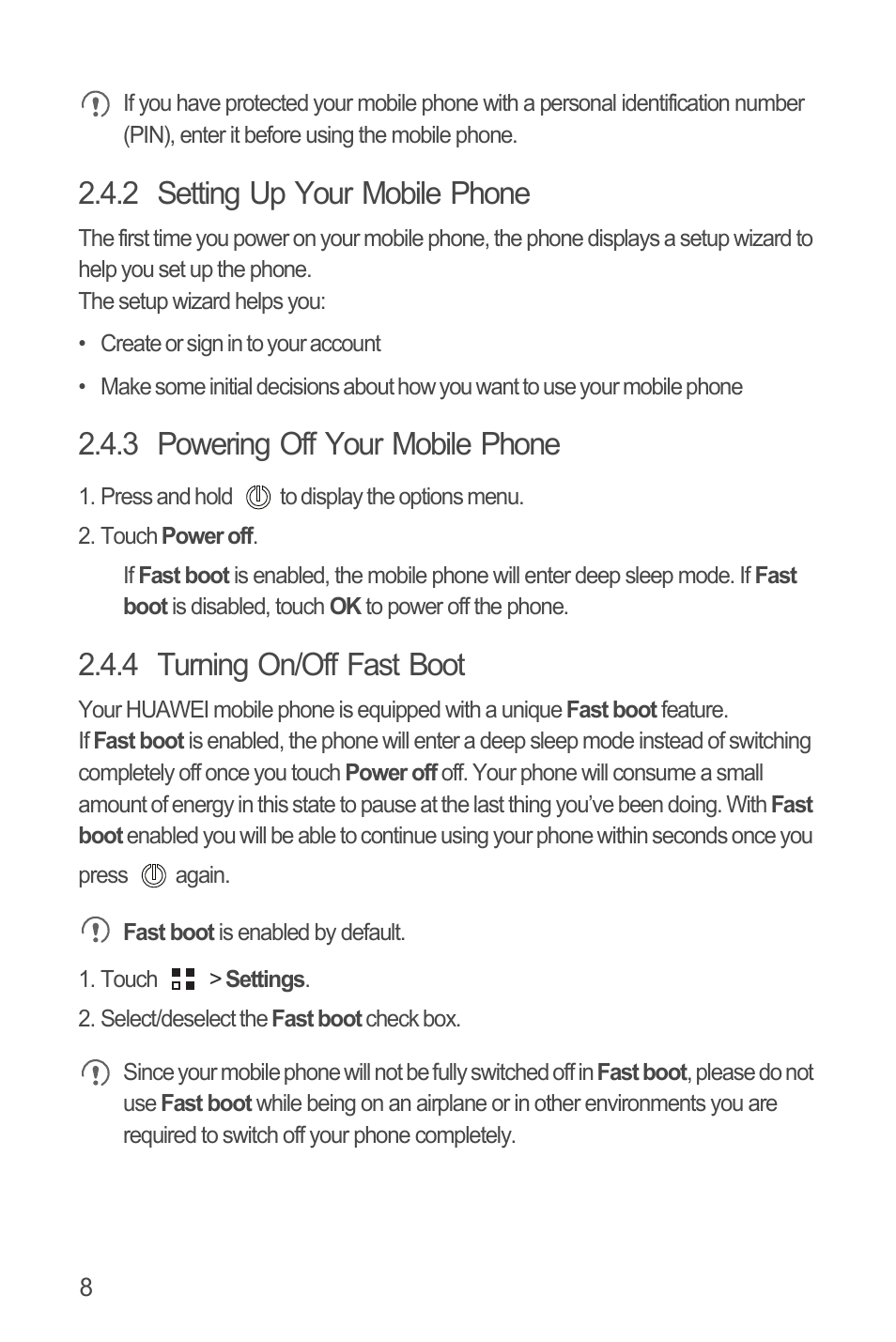 2 setting up your mobile phone, 3 powering off your mobile phone, 4 turning on/off fast boot | Huawei U8815N User Guide User Manual | Page 12 / 70