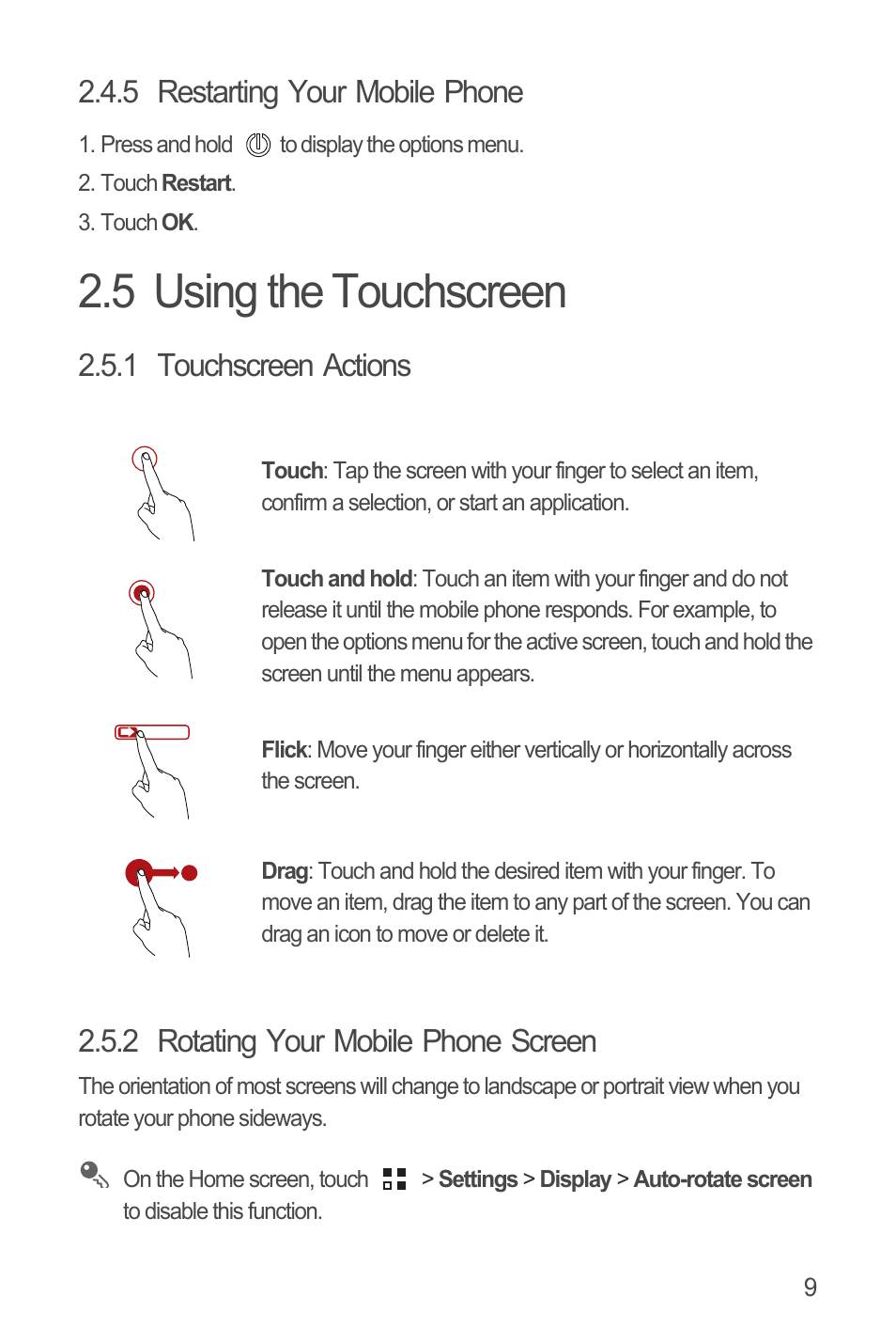 5 restarting your mobile phone, 5 using the touchscreen, 1 touchscreen actions | 2 rotating your mobile phone screen | Huawei U8815N User Guide User Manual | Page 13 / 70