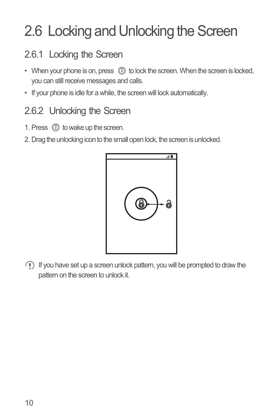 6 locking and unlocking the screen, 1 locking the screen, 2 unlocking the screen | Huawei U8815N User Guide User Manual | Page 14 / 70