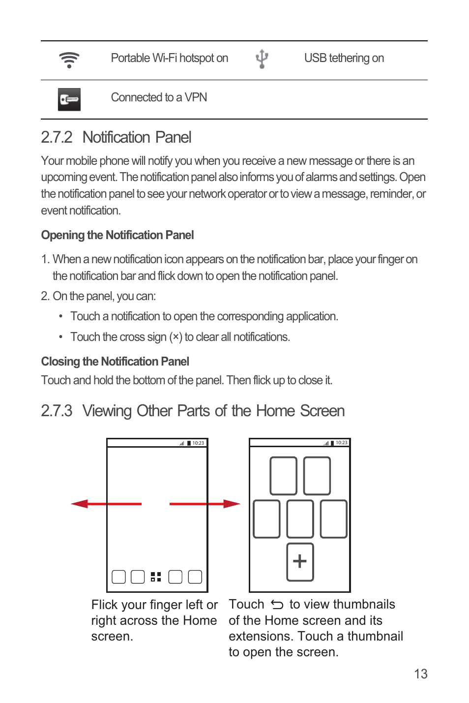 2 notification panel, Opening the notification panel, Closing the notification panel | 3 viewing other parts of the home screen | Huawei U8815N User Guide User Manual | Page 17 / 70