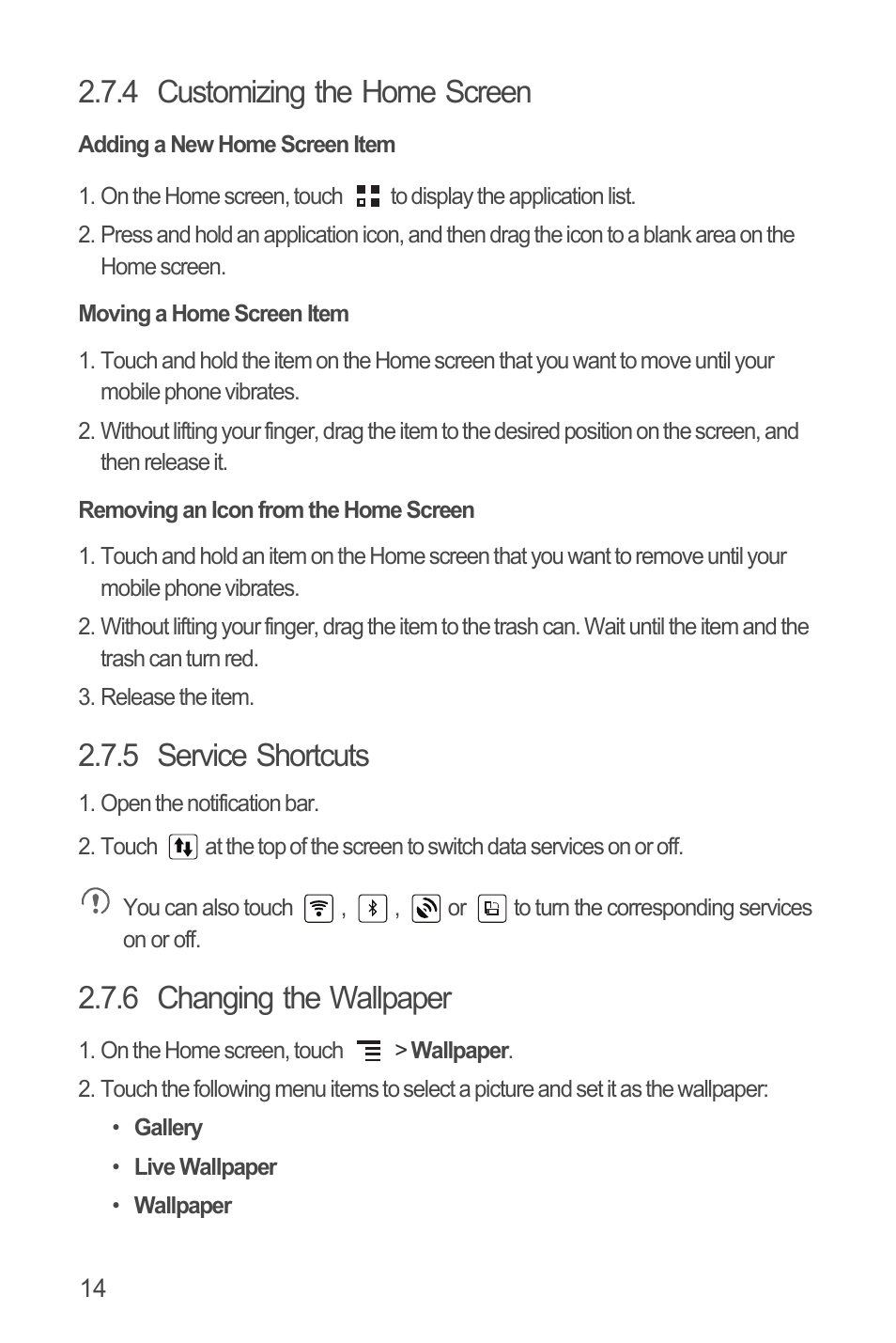4 customizing the home screen, Adding a new home screen item, Moving a home screen item | Removing an icon from the home screen, 5 service shortcuts, 6 changing the wallpaper | Huawei U8815N User Guide User Manual | Page 18 / 70