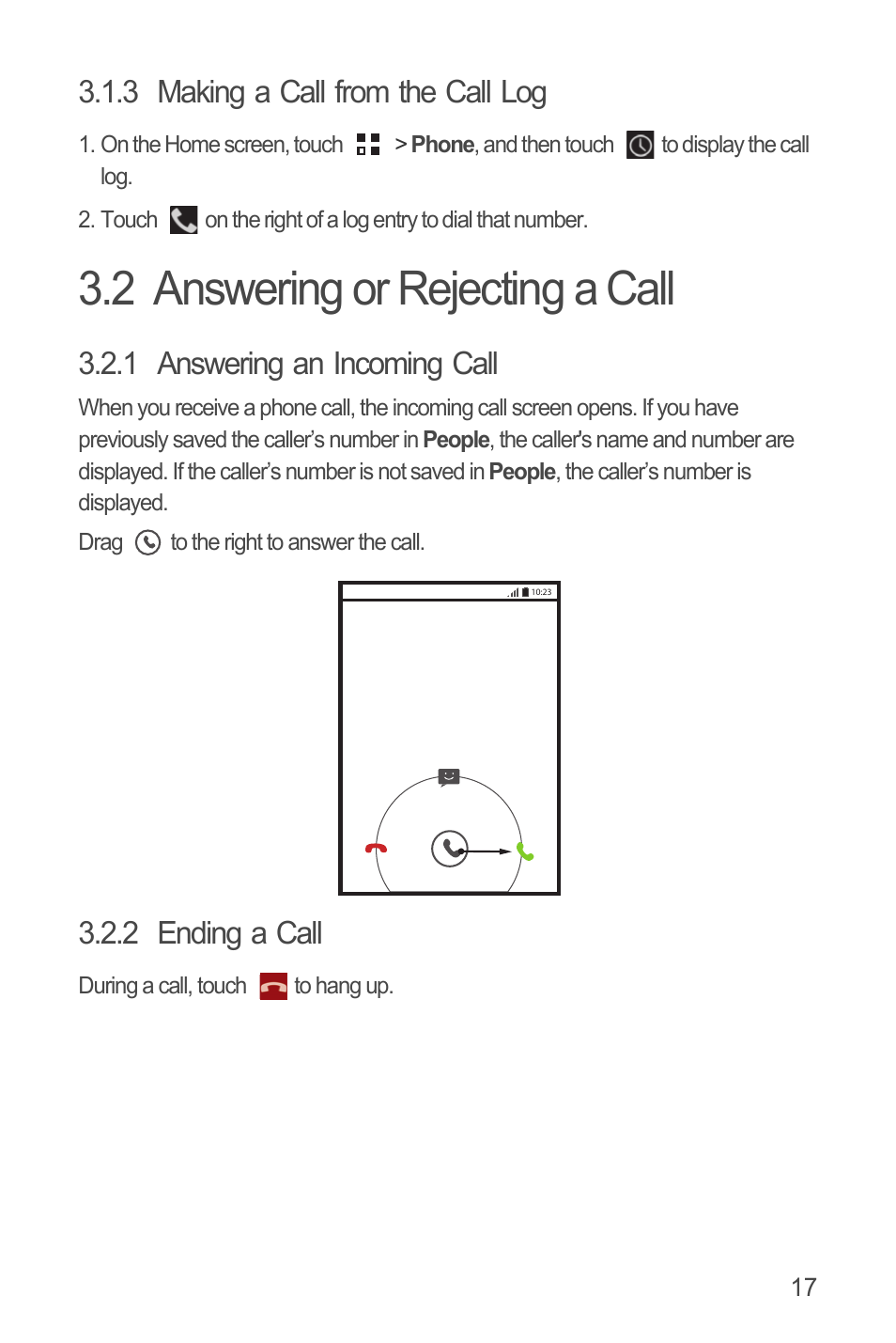 3 making a call from the call log, 2 answering or rejecting a call, 1 answering an incoming call | 2 ending a call | Huawei U8815N User Guide User Manual | Page 21 / 70