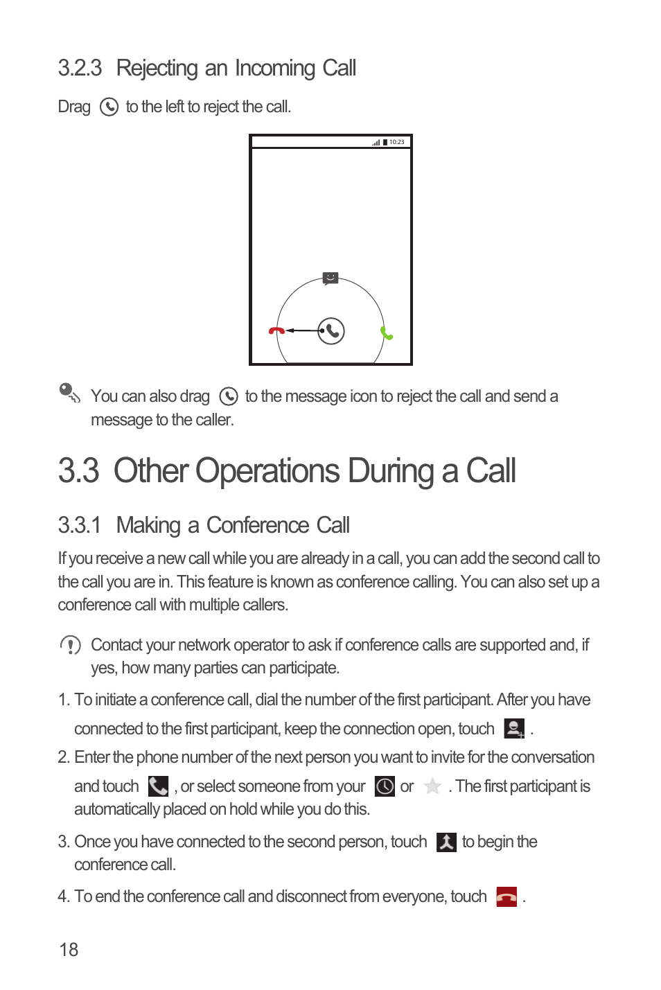 3 rejecting an incoming call, 3 other operations during a call, 1 making a conference call | Huawei U8815N User Guide User Manual | Page 22 / 70