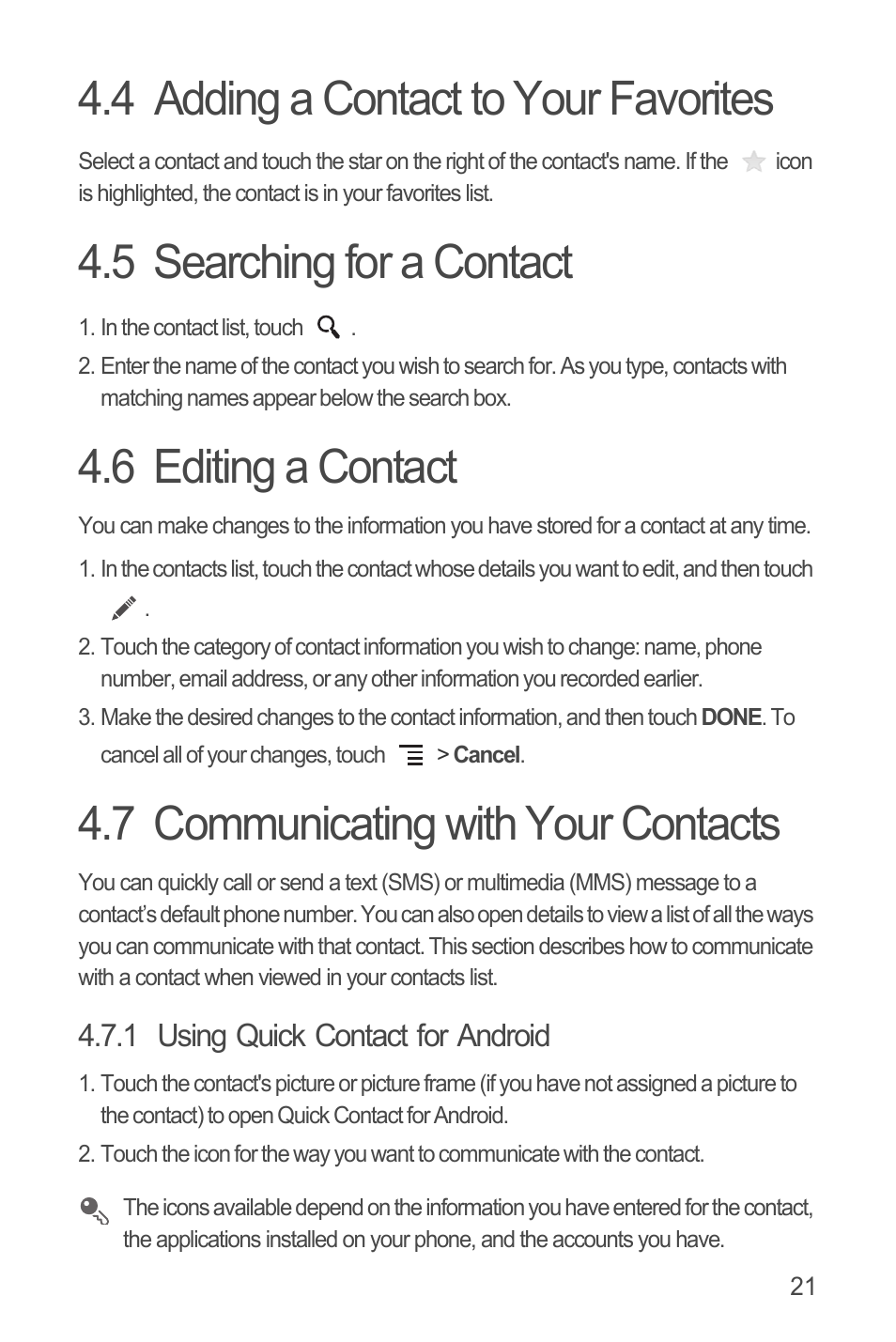 4 adding a contact to your favorites, 5 searching for a contact, 6 editing a contact | 7 communicating with your contacts, 1 using quick contact for android, Communicating with your contacts | Huawei U8815N User Guide User Manual | Page 25 / 70