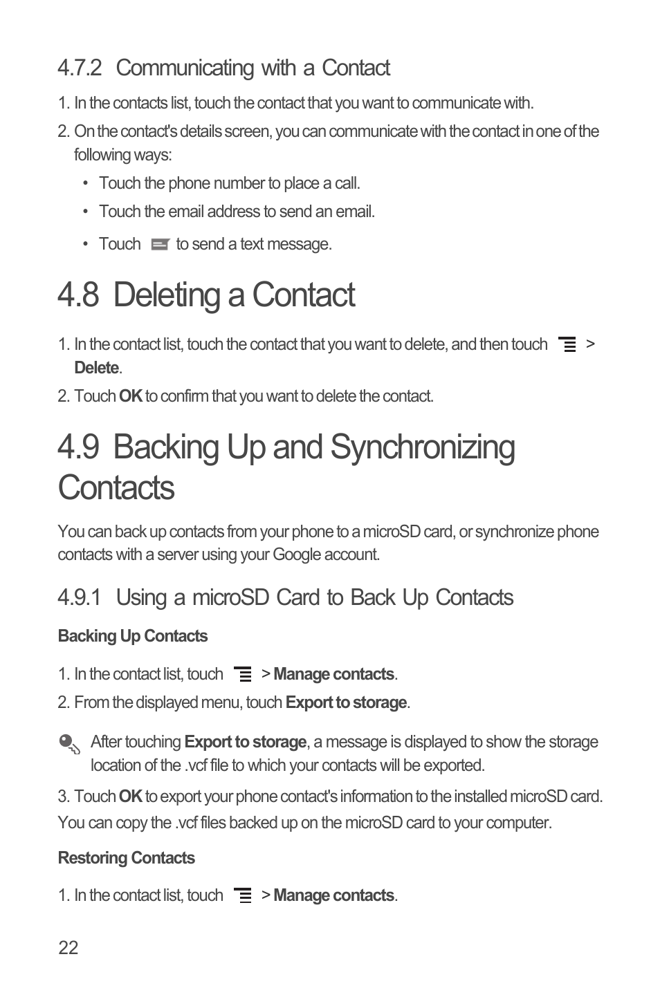 2 communicating with a contact, 8 deleting a contact, 9 backing up and synchronizing contacts | 1 using a microsd card to back up contacts, Backing up contacts, Restoring contacts | Huawei U8815N User Guide User Manual | Page 26 / 70