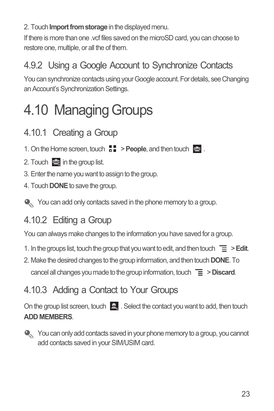 2 using a google account to synchronize contacts, 10 managing groups, 1 creating a group | 2 editing a group, 3 adding a contact to your groups | Huawei U8815N User Guide User Manual | Page 27 / 70