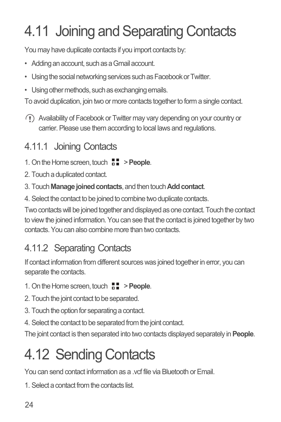 11 joining and separating contacts, 1 joining contacts, 2 separating contacts | 12 sending contacts | Huawei U8815N User Guide User Manual | Page 28 / 70