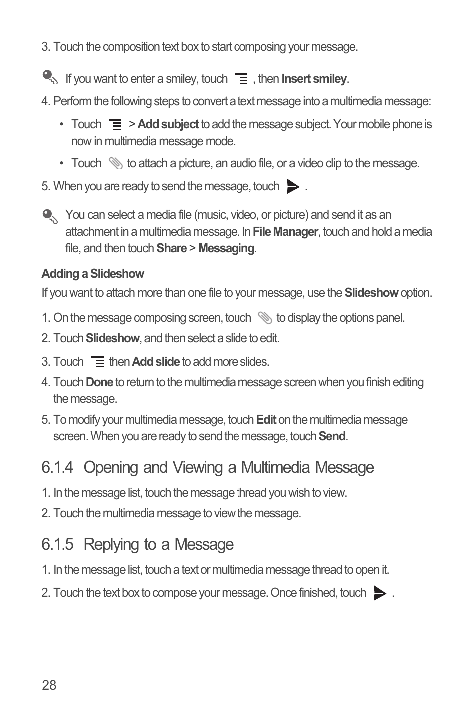Adding a slideshow, 4 opening and viewing a multimedia message, 5 replying to a message | Huawei U8815N User Guide User Manual | Page 32 / 70