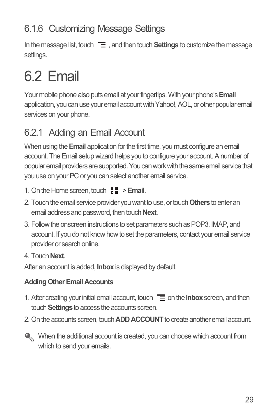 6 customizing message settings, 2 email, 1 adding an email account | Adding other email accounts | Huawei U8815N User Guide User Manual | Page 33 / 70