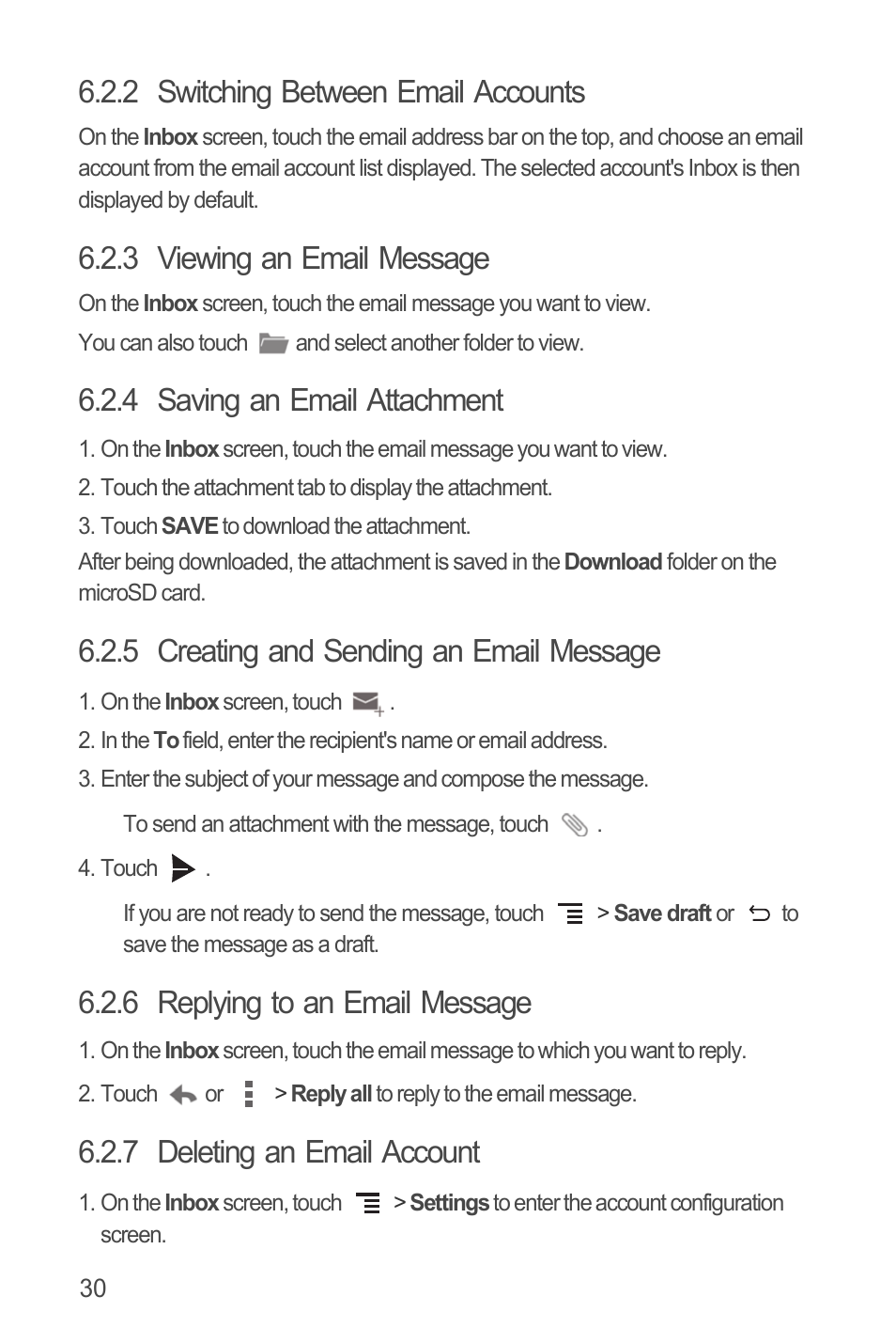 2 switching between email accounts, 3 viewing an email message, 4 saving an email attachment | 5 creating and sending an email message, 6 replying to an email message, 7 deleting an email account | Huawei U8815N User Guide User Manual | Page 34 / 70