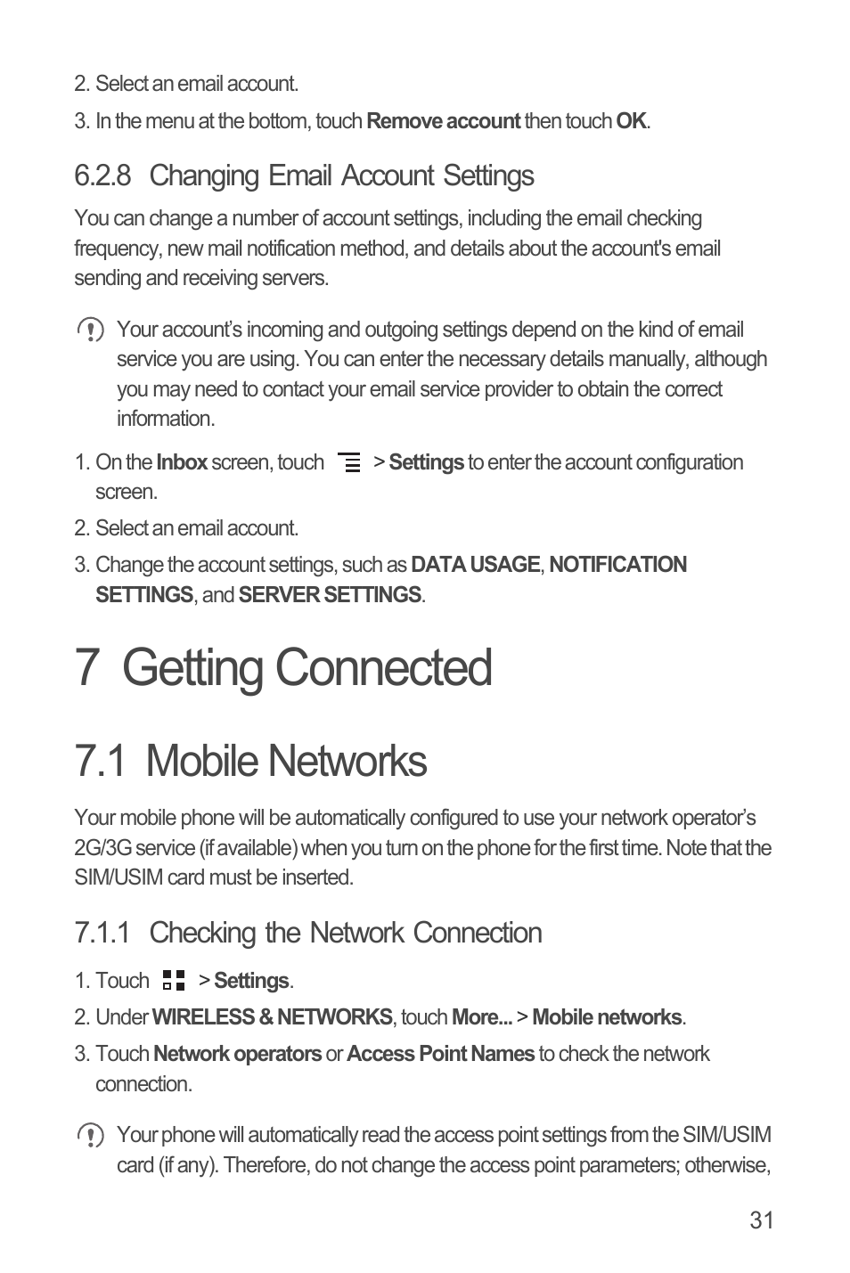 8 changing email account settings, 7 getting connected, 1 mobile networks | 1 checking the network connection | Huawei U8815N User Guide User Manual | Page 35 / 70