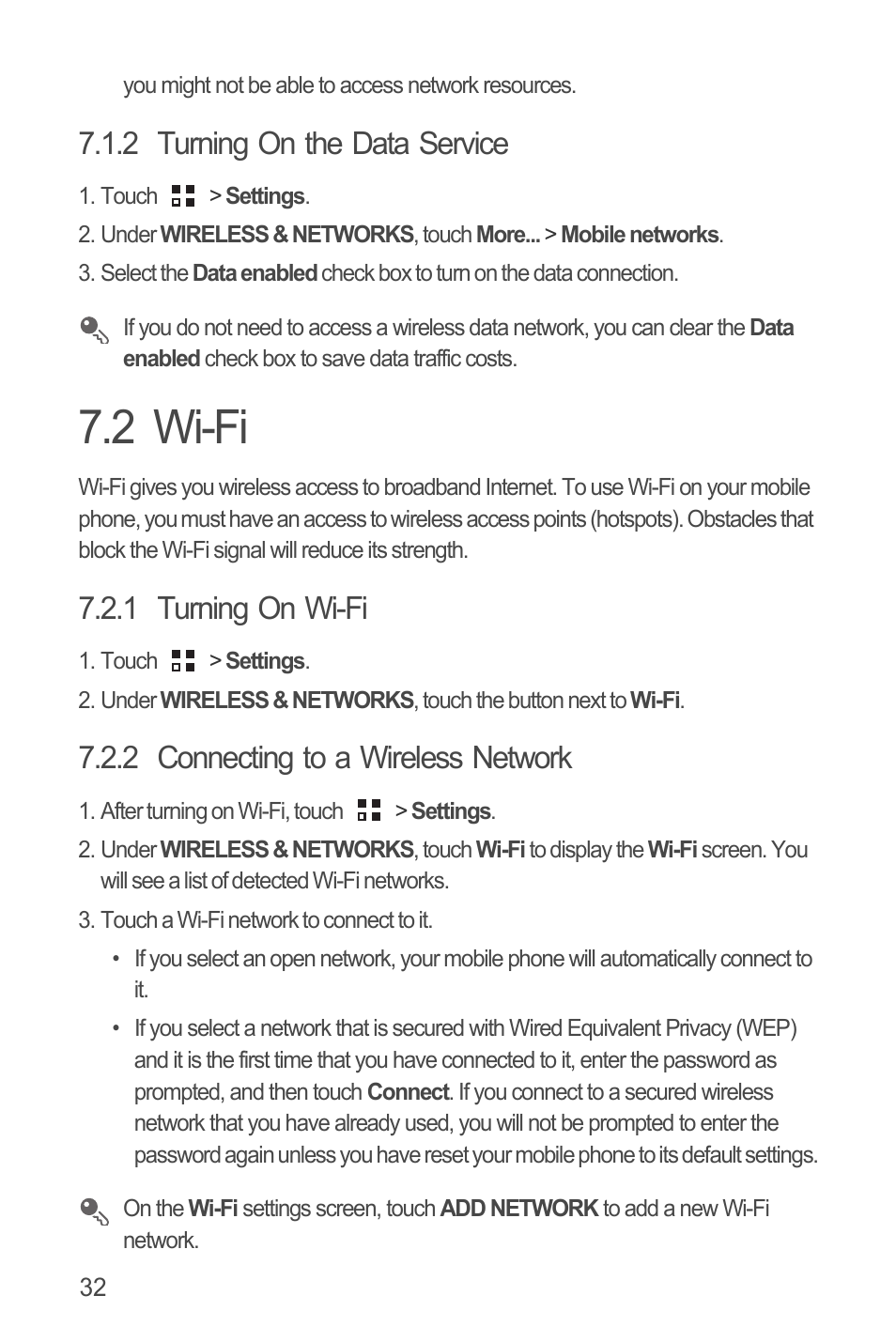 2 turning on the data service, 2 wi-fi, 1 turning on wi-fi | 2 connecting to a wireless network | Huawei U8815N User Guide User Manual | Page 36 / 70