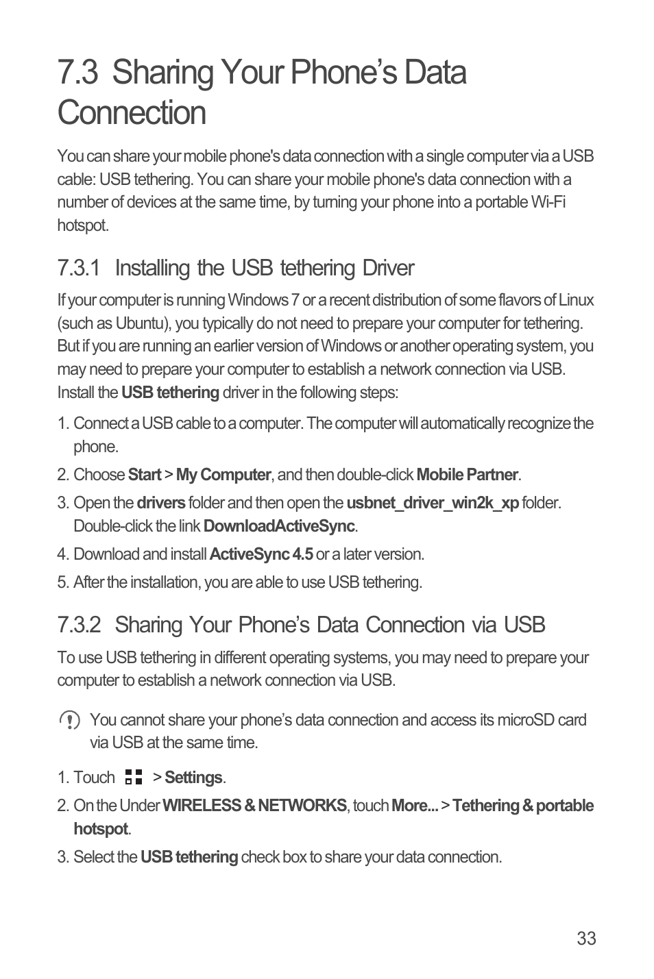 3 sharing your phone’s data connection, 1 installing the usb tethering driver, 2 sharing your phone’s data connection via usb | Huawei U8815N User Guide User Manual | Page 37 / 70