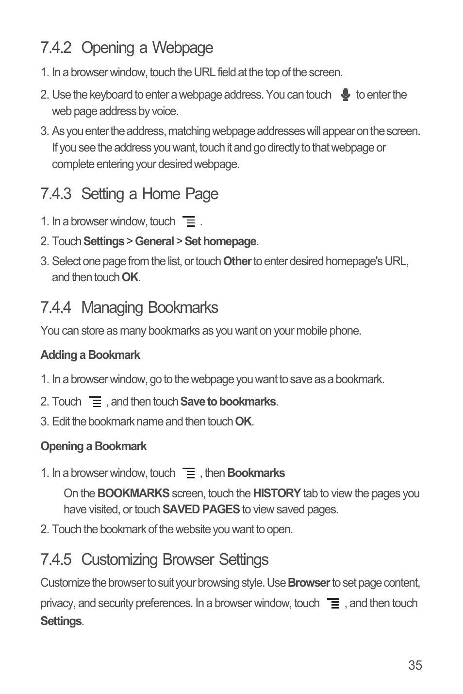 4 managing bookmarks, Adding a bookmark, Opening a bookmark | 5 customizing browser settings, 2 opening a webpage, 3 setting a home page | Huawei U8815N User Guide User Manual | Page 39 / 70