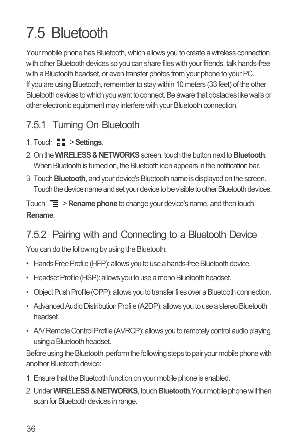 5 bluetooth, 1 turning on bluetooth | Huawei U8815N User Guide User Manual | Page 40 / 70