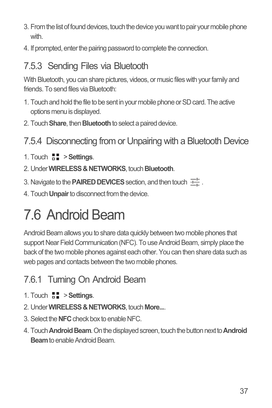 3 sending files via bluetooth, 6 android beam, 1 turning on android beam | Huawei U8815N User Guide User Manual | Page 41 / 70