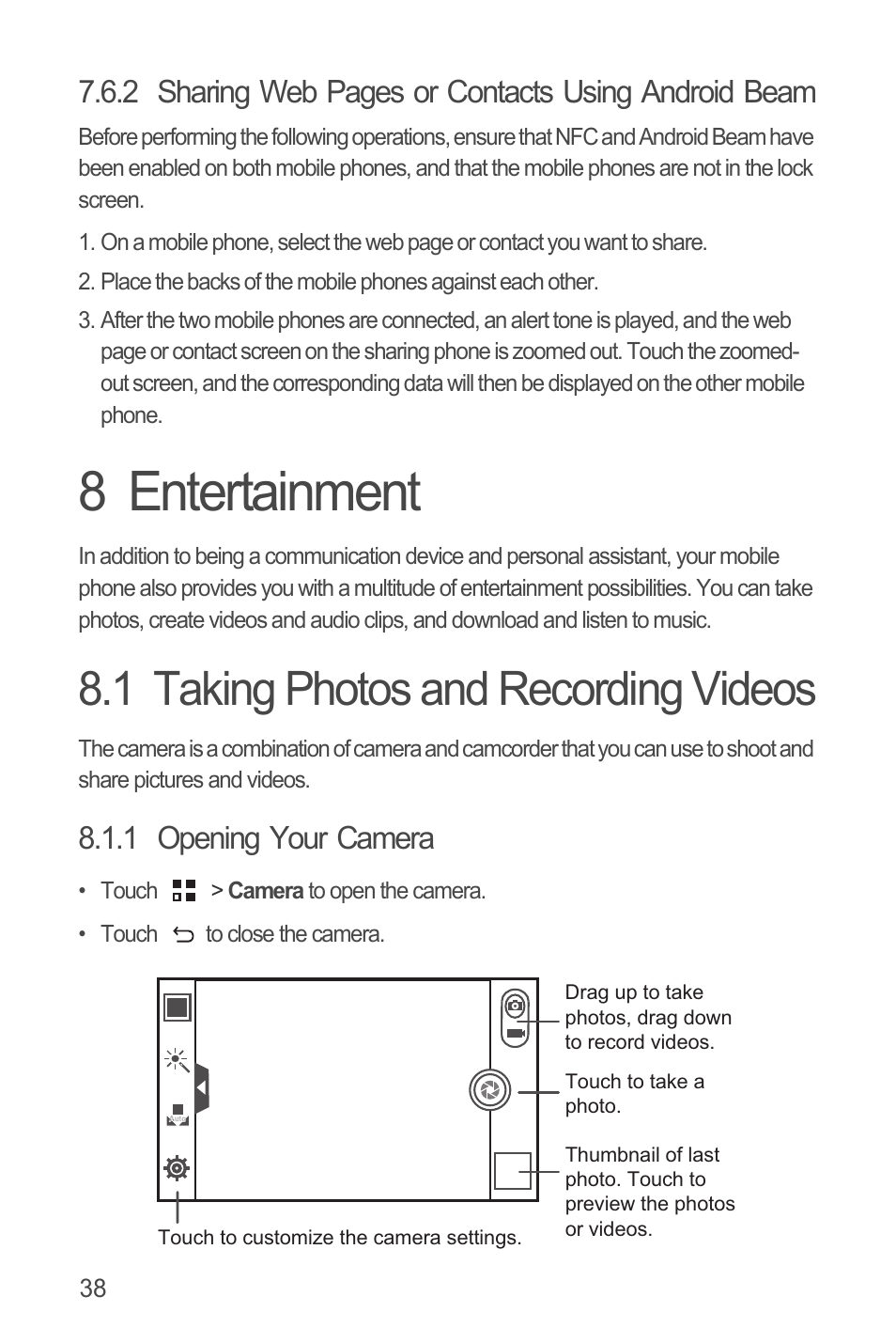 8 entertainment, 1 taking photos and recording videos, 1 opening your camera | 2 sharing web pages or contacts using android beam | Huawei U8815N User Guide User Manual | Page 42 / 70