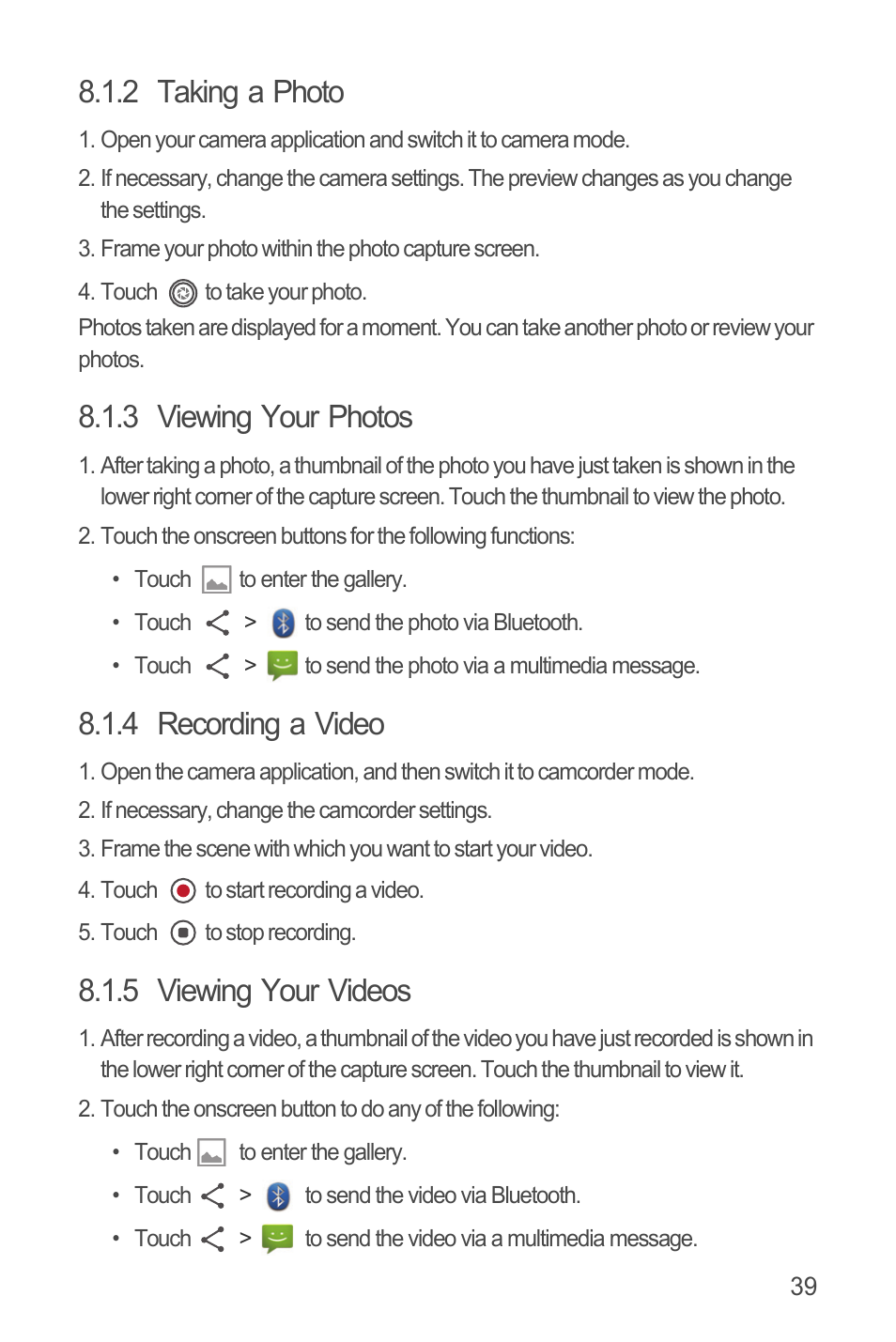 2 taking a photo, 3 viewing your photos, 4 recording a video | 5 viewing your videos | Huawei U8815N User Guide User Manual | Page 43 / 70