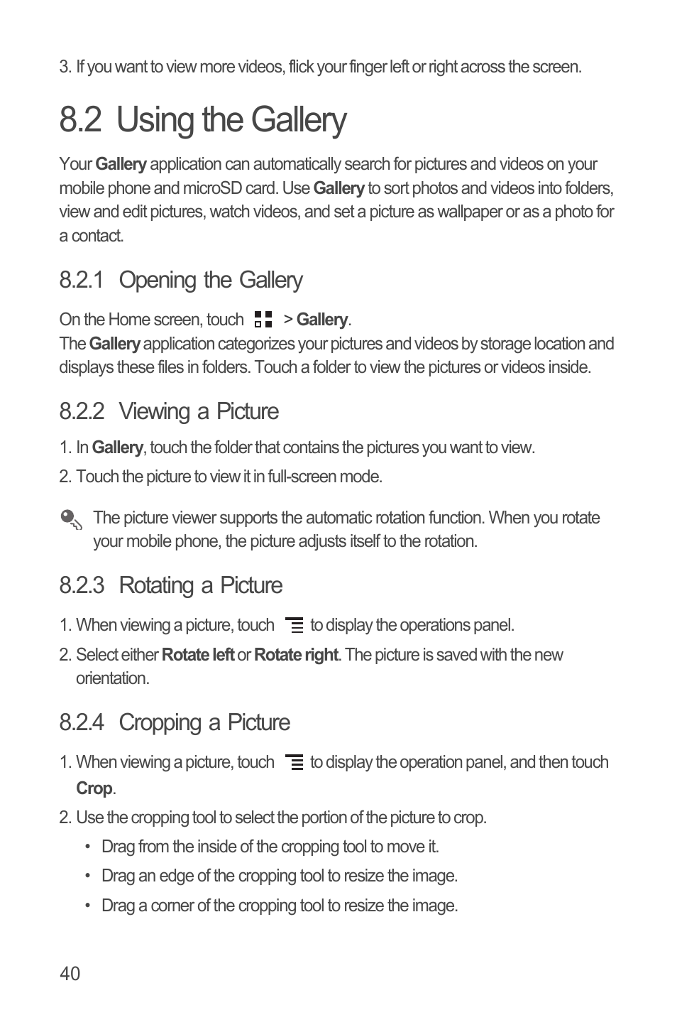 2 using the gallery, 1 opening the gallery, 2 viewing a picture | 3 rotating a picture, 4 cropping a picture | Huawei U8815N User Guide User Manual | Page 44 / 70