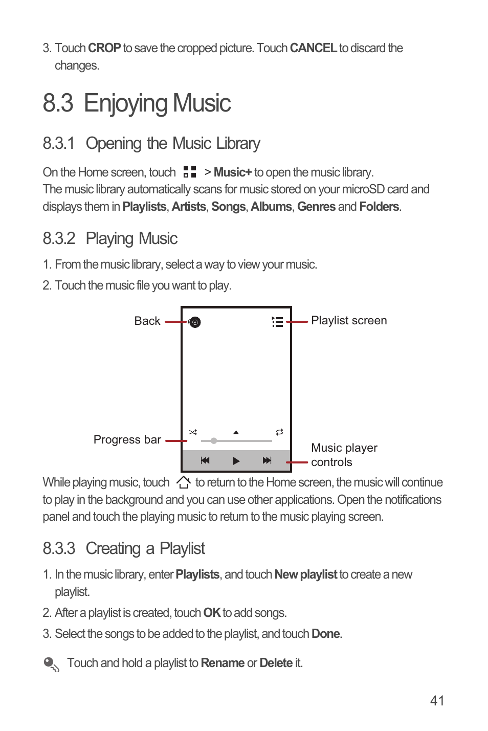 3 enjoying music, 1 opening the music library, 2 playing music | 3 creating a playlist | Huawei U8815N User Guide User Manual | Page 45 / 70