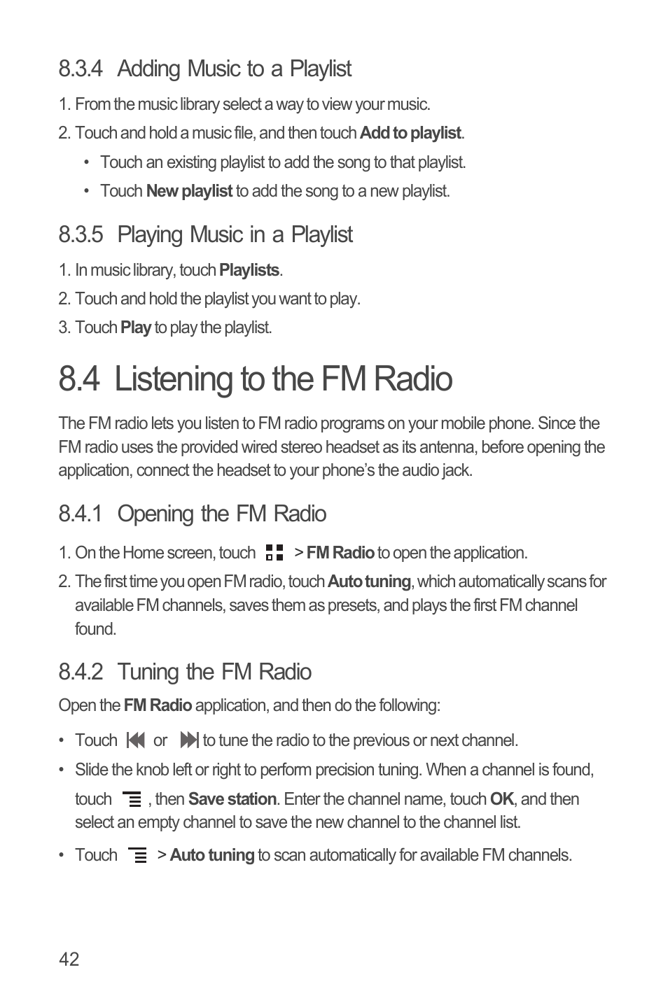 4 adding music to a playlist, 5 playing music in a playlist, 4 listening to the fm radio | 1 opening the fm radio, 2 tuning the fm radio | Huawei U8815N User Guide User Manual | Page 46 / 70