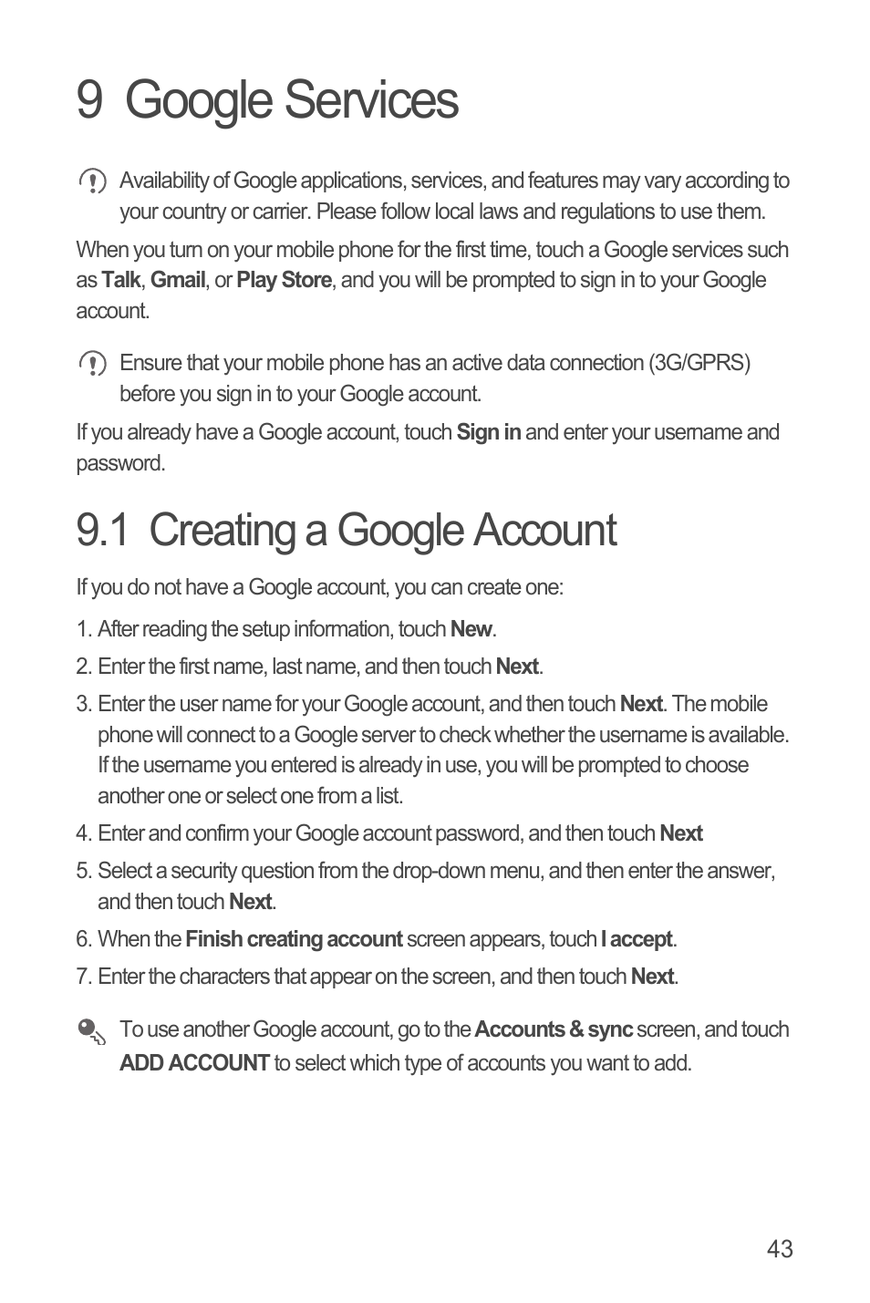 9 google services, 1 creating a google account | Huawei U8815N User Guide User Manual | Page 47 / 70