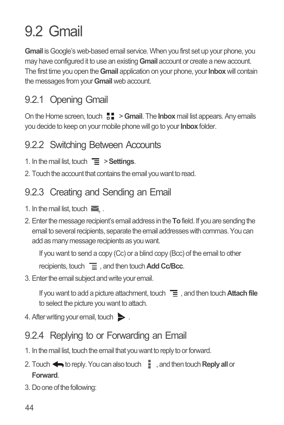2 gmail, 1 opening gmail, 2 switching between accounts | 3 creating and sending an email, 4 replying to or forwarding an email | Huawei U8815N User Guide User Manual | Page 48 / 70