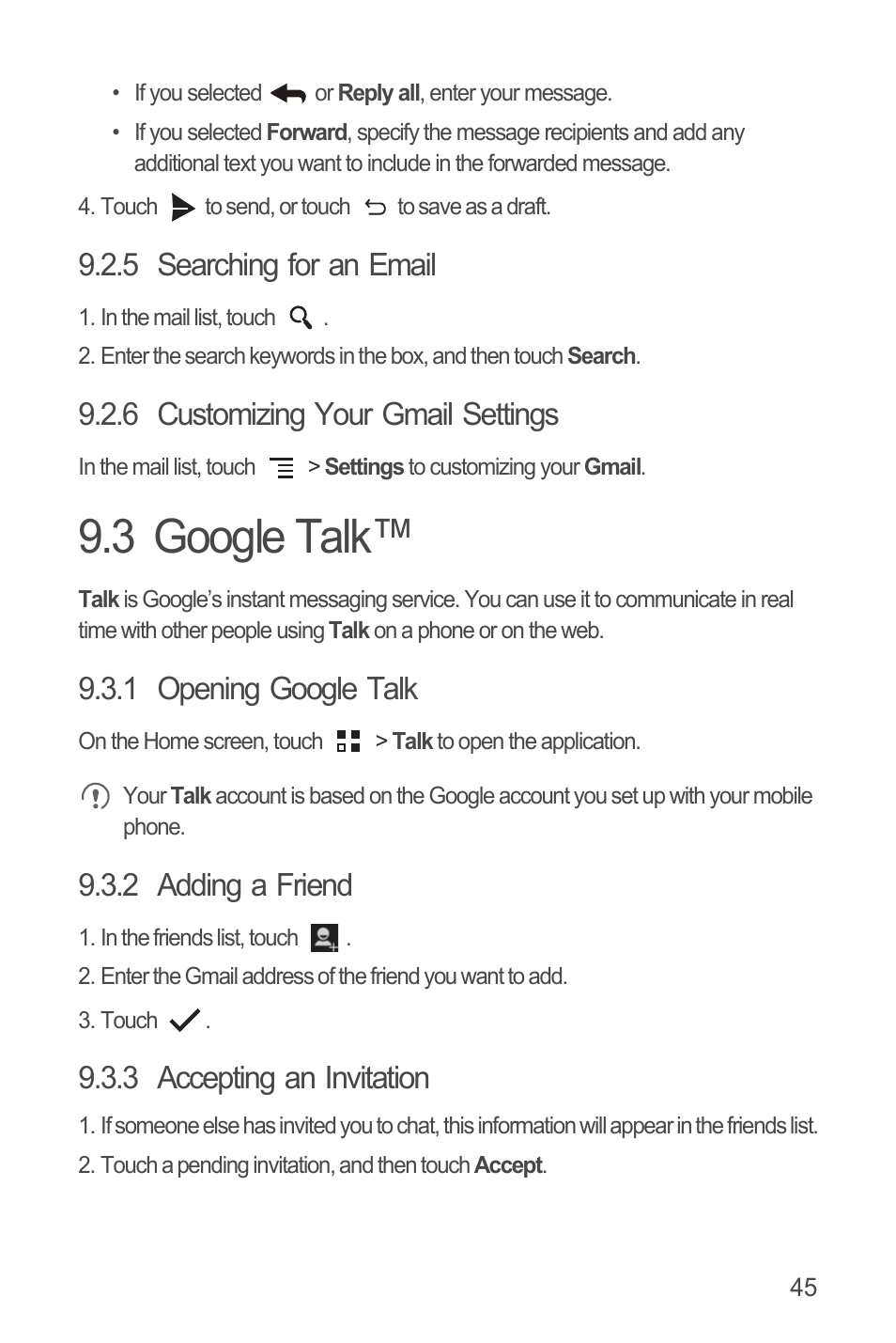 5 searching for an email, 6 customizing your gmail settings, 3 google talk | 1 opening google talk, 2 adding a friend, 3 accepting an invitation | Huawei U8815N User Guide User Manual | Page 49 / 70